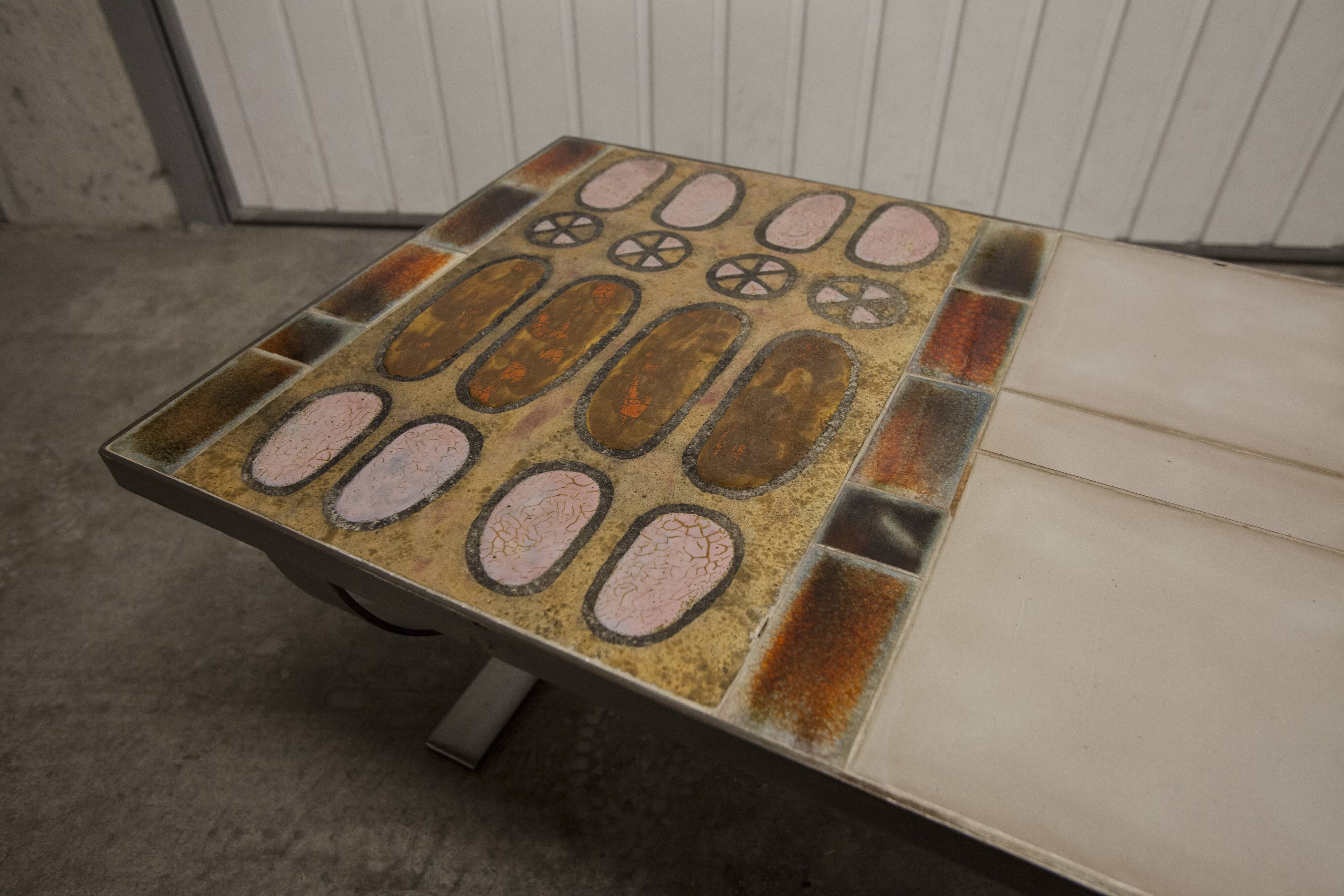 Ceramic coffee table and brushed steel Roche Bobois design Gregorieff 70s, 108x47cm