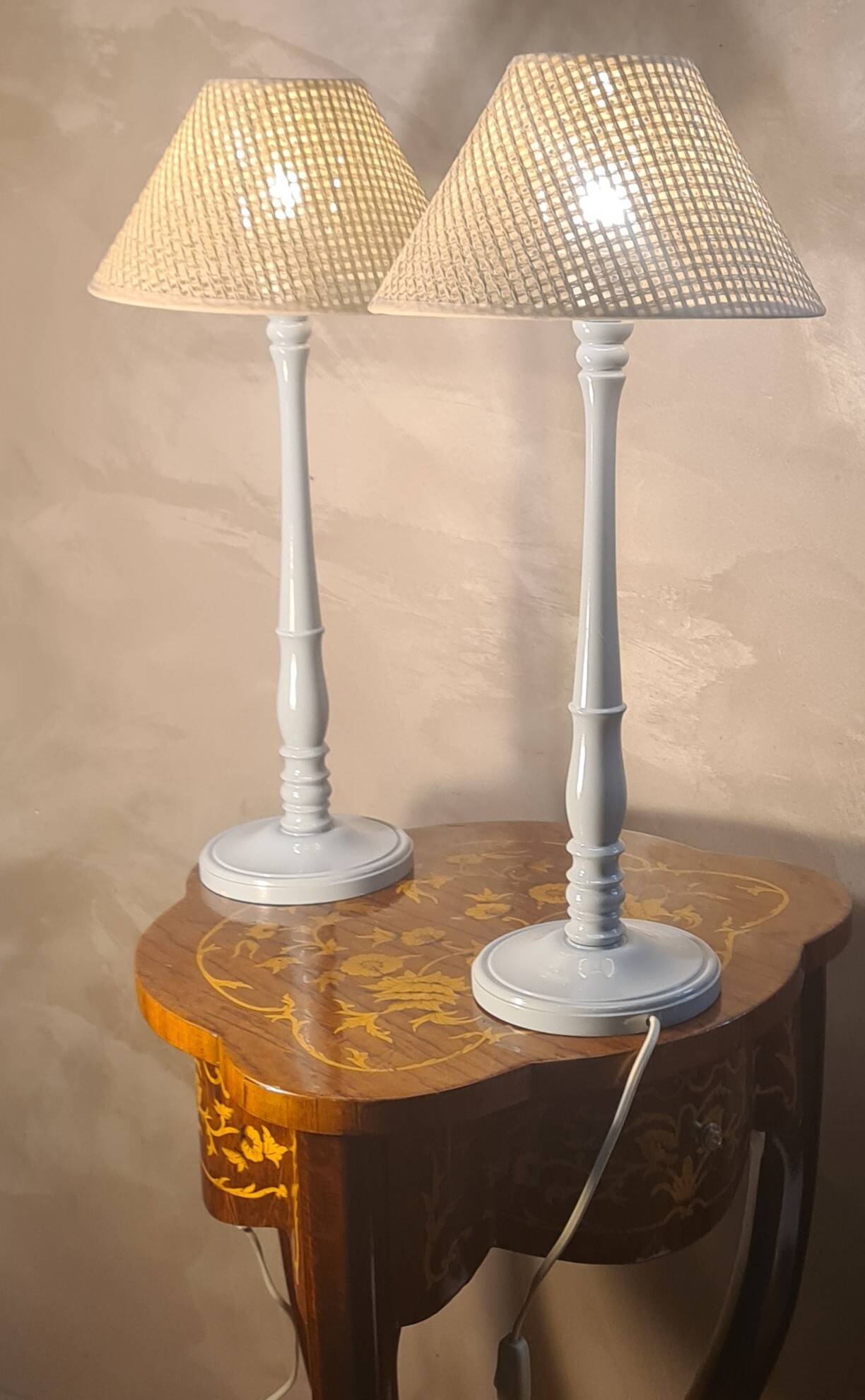 pair of grey-blue lacquered wooden bedside lamps 48x25 compliant with electrical standards