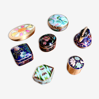 set of enamel and porcelain brass pill boxes