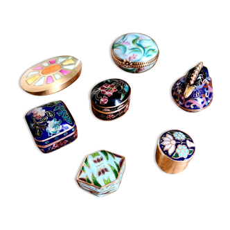 set of enamel and porcelain brass pill boxes