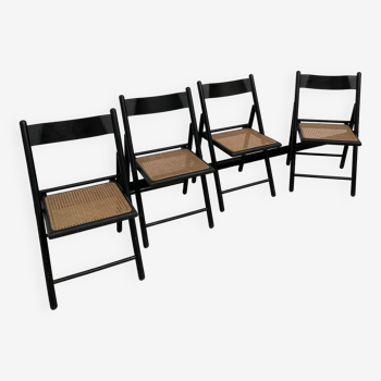 Set of 4 blackened beech and cane folding chairs