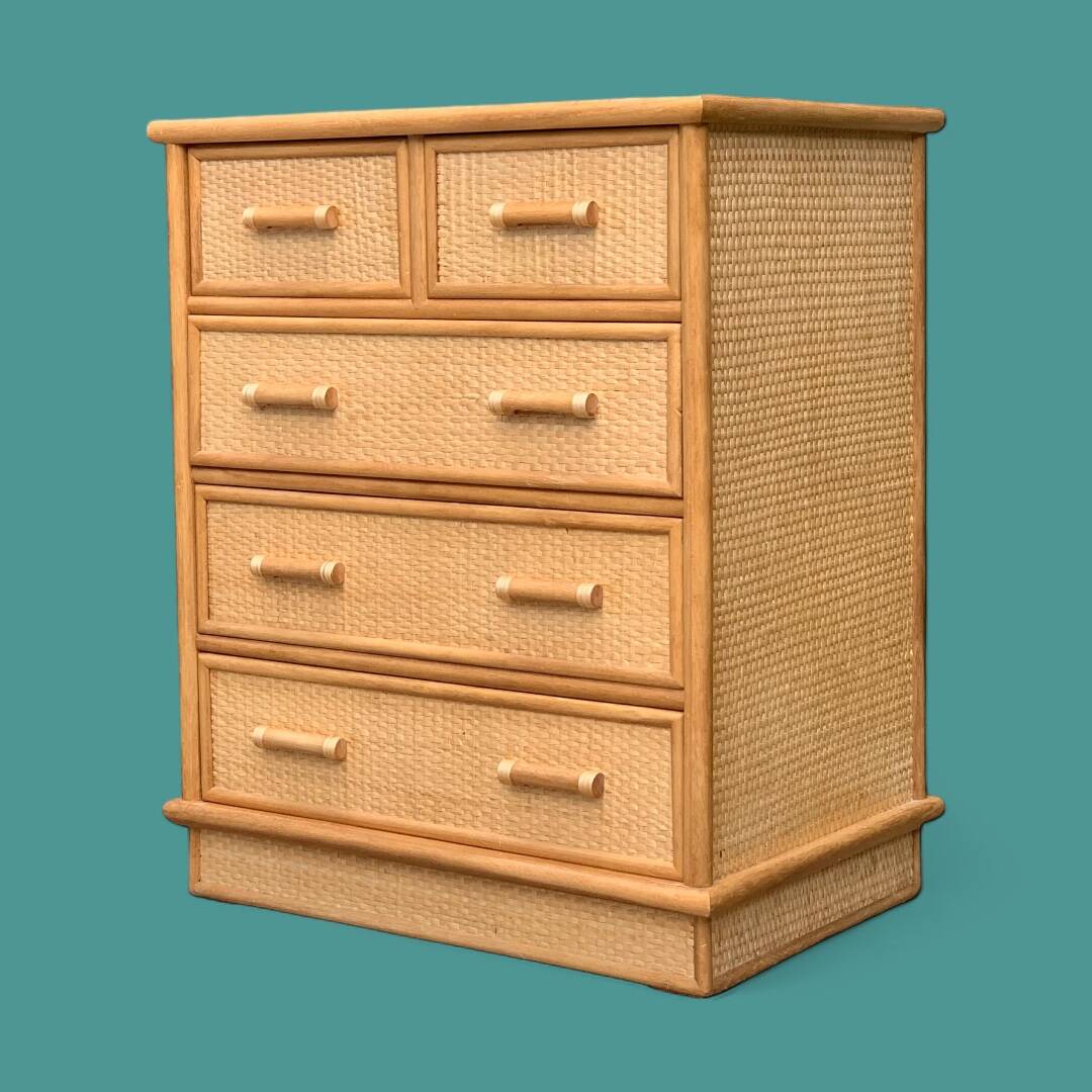 Vintage rattan and woven wicker chest of drawers 1970