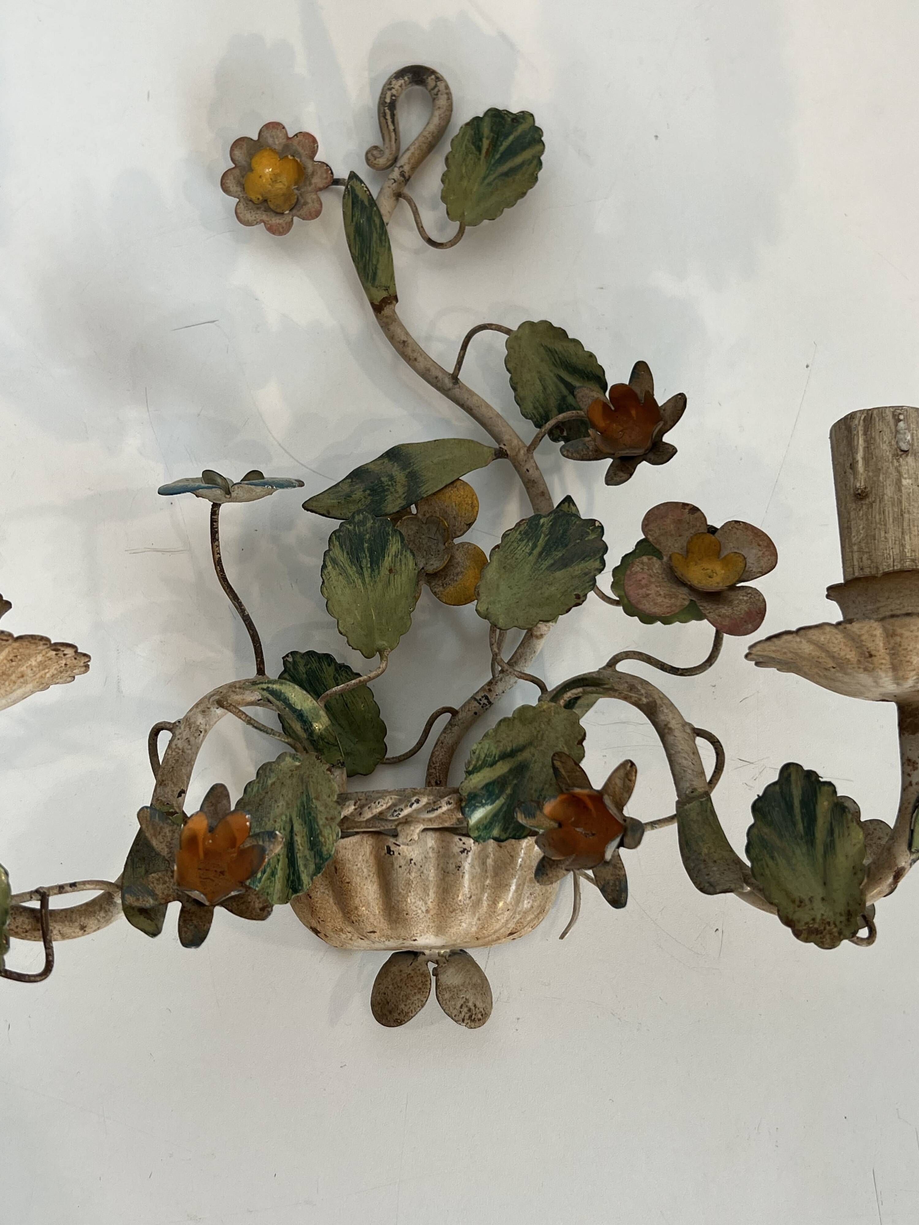 Pair of Wall Lights with Floral Basket in Painted Sheet Metal. Italian Work. Circa 19.