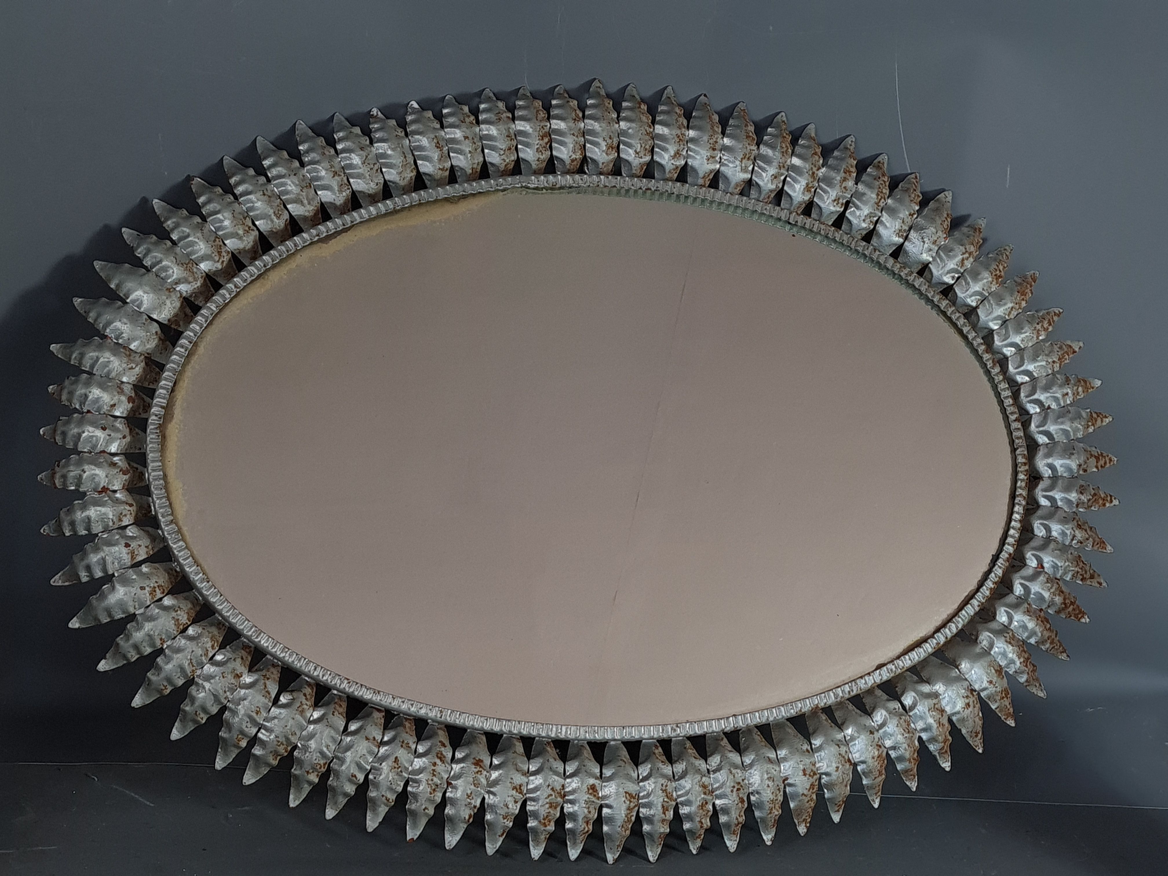 Vintage oval sun mirror 50s, silver metal 76x55 cm SB