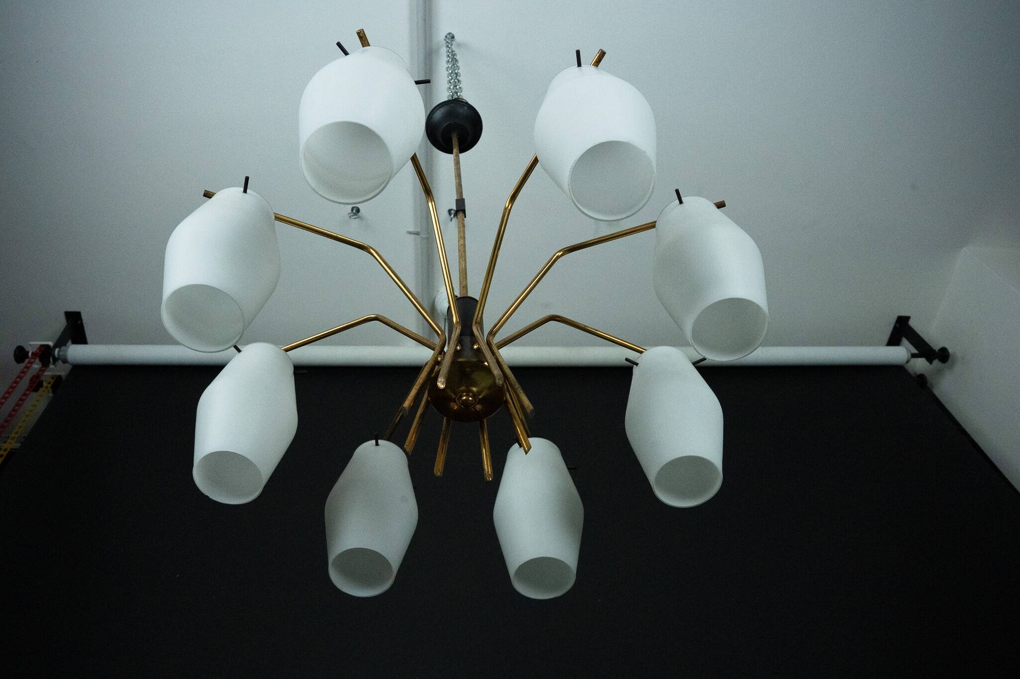 Mid-century chandelier with eight opaline glass shades