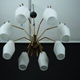 Mid-century chandelier with eight opaline glass shades