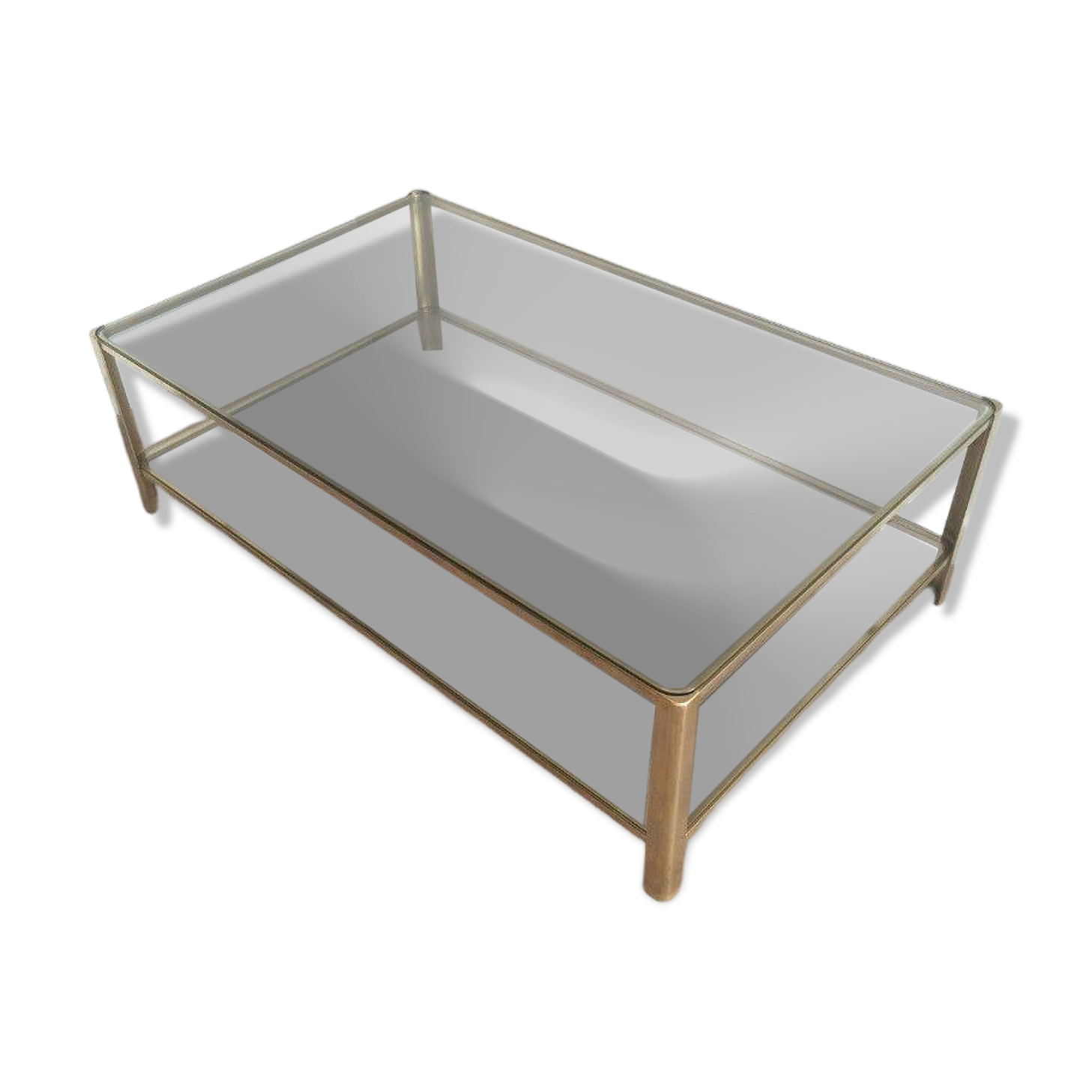 Large coffee table with a double top in polished bronze and glass, signed Jacques Théophile Lepelletier and stamped Broncz.