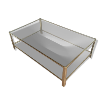 Large coffee table with a double top in polished bronze and glass, signed Jacques Théophile Lepelletier and stamped Broncz.