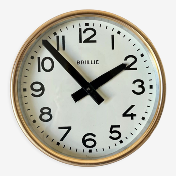 Horloge murale doré Brillié or pendule industrielle gare usine atelier 1960 26 cm