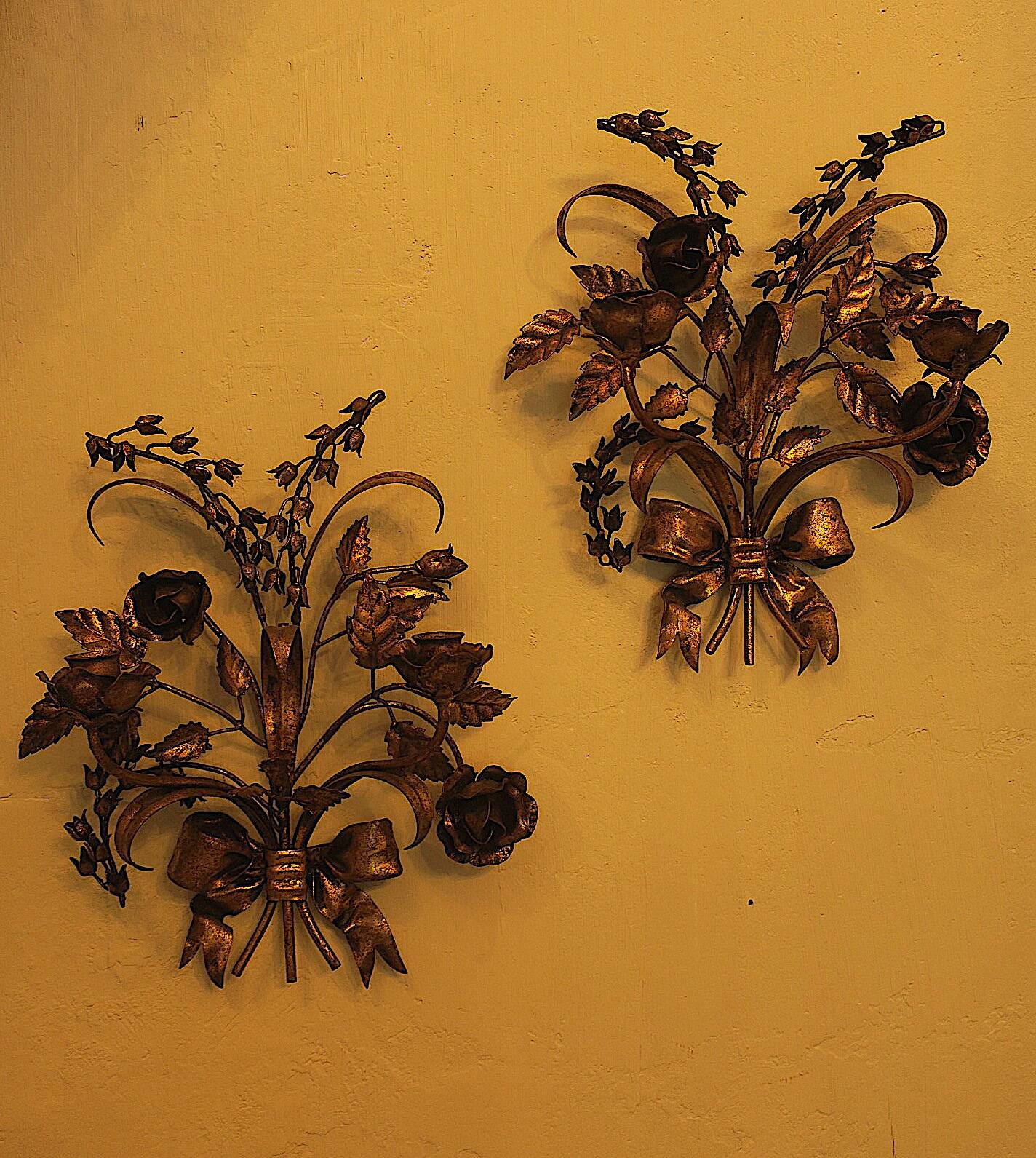 Pair of gold plated wall double candleholders with roses by Hans Kögl, 1960