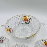 Vintage glass fruit salad serving set with a pansy design.