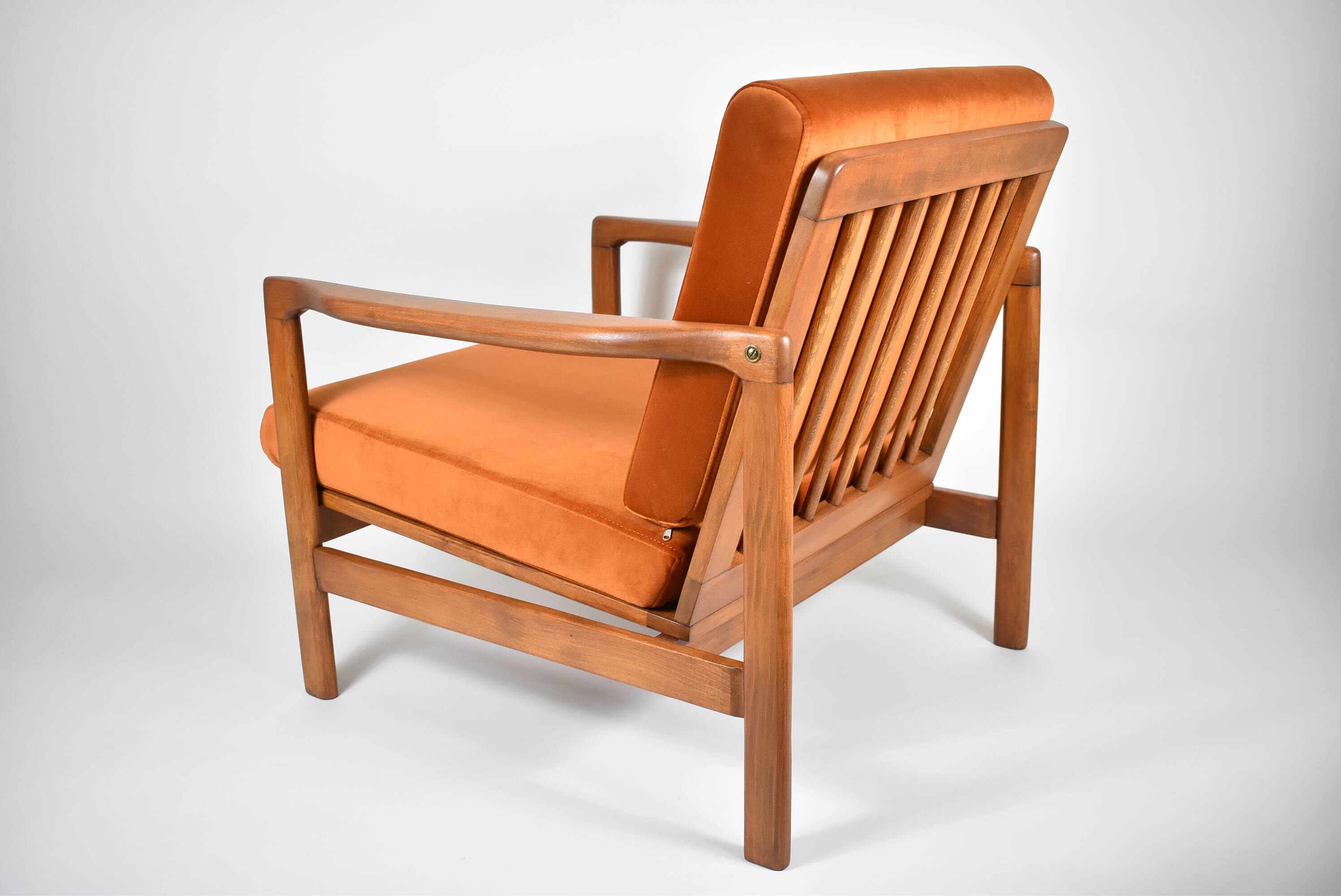 Fauteuil scandinave d'origine restauré, années 60, rouille, velours