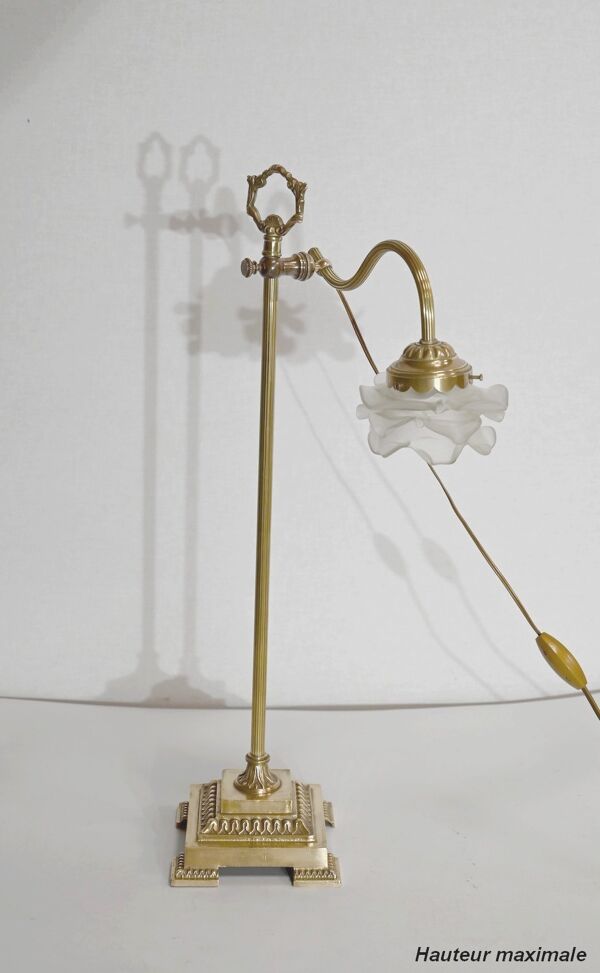 Lampe tulipe en verre et bronze, réglable, art déco 1920