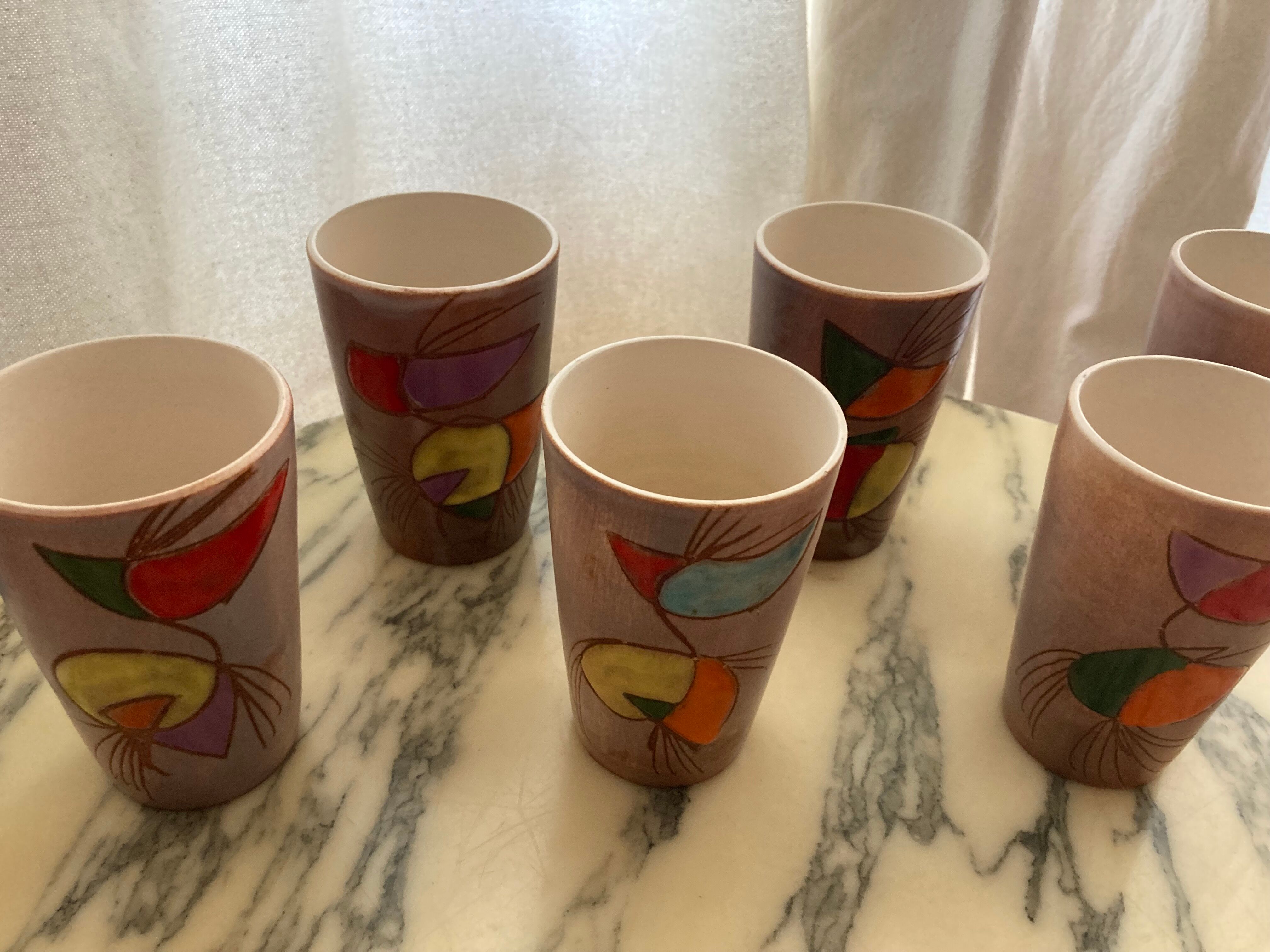6 Vintage vallauris ceramic orangeade cups
