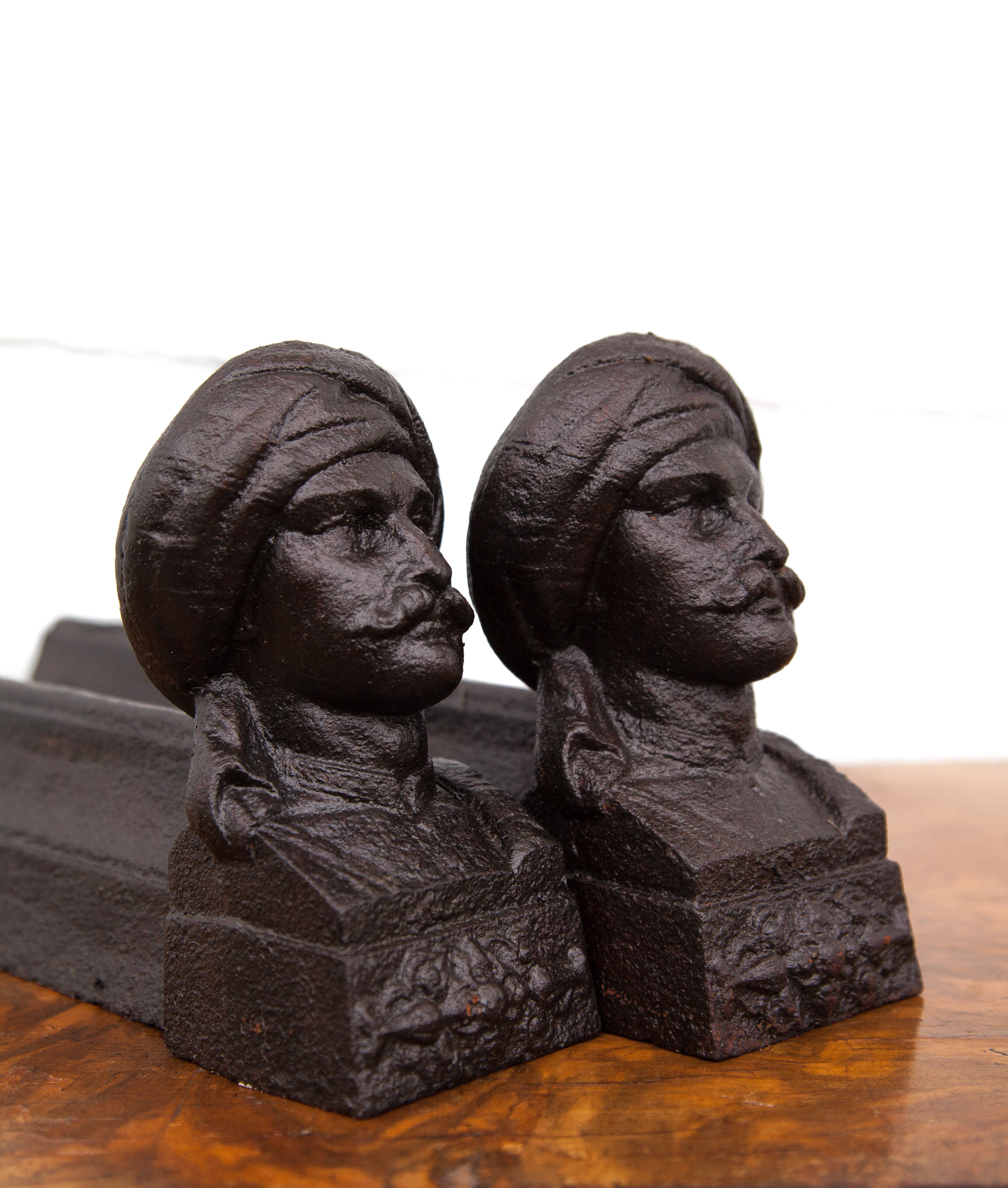 Vintage fireplace chenets, cast-cast chenets with oriental character