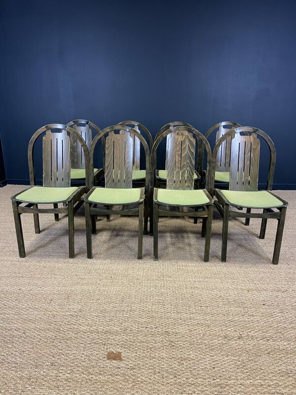 Ensemble de 8 chaises bistrot Baumann Argos bois et tissu vert années 80 France
