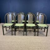 Ensemble de 8 chaises bistrot Baumann Argos bois et tissu vert années 80 France