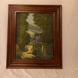 Old painting, oil on canvas, mountain landscape, early twentieth century