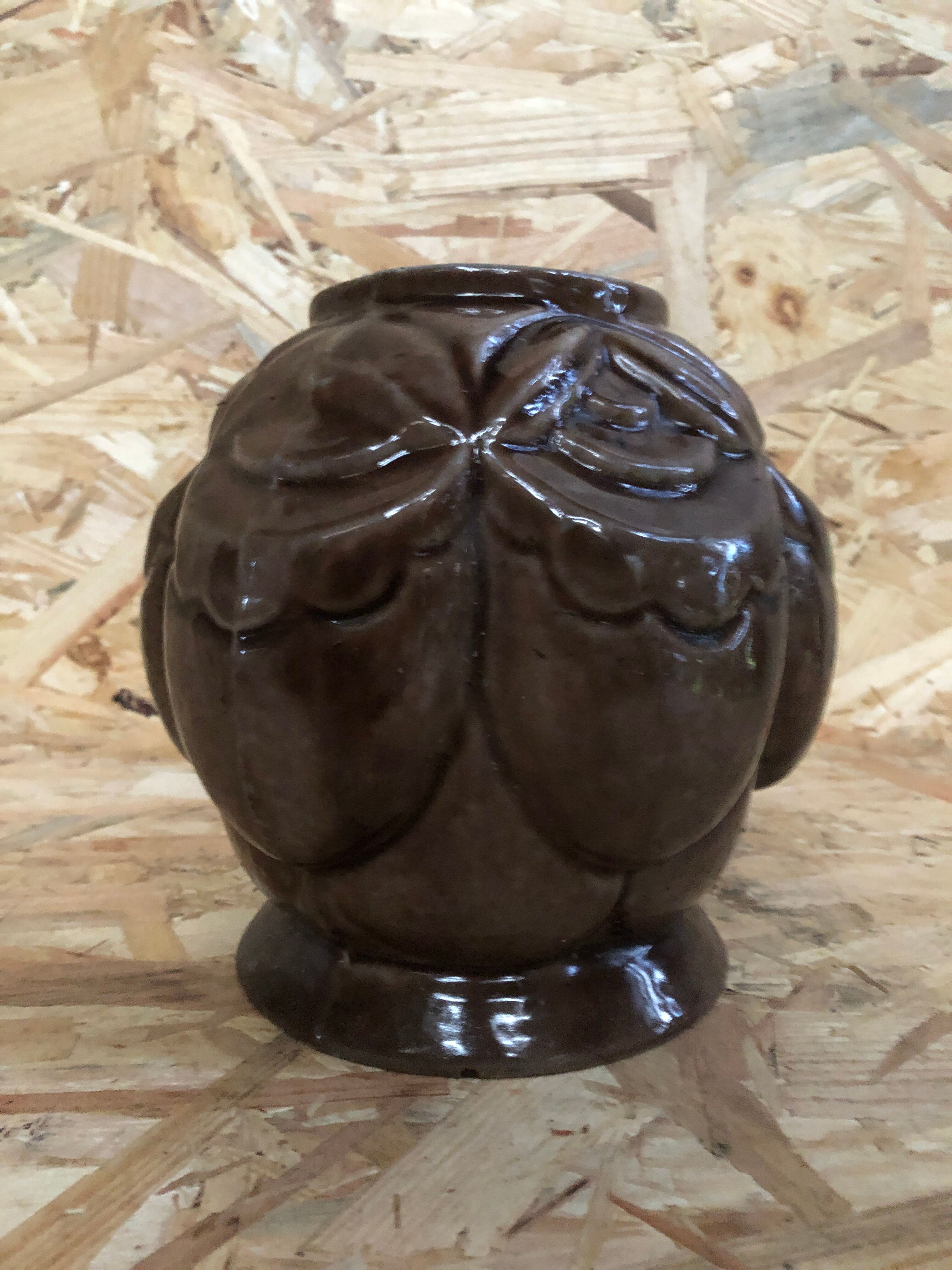 Old art deco vintage brown enameled cast iron plant pot