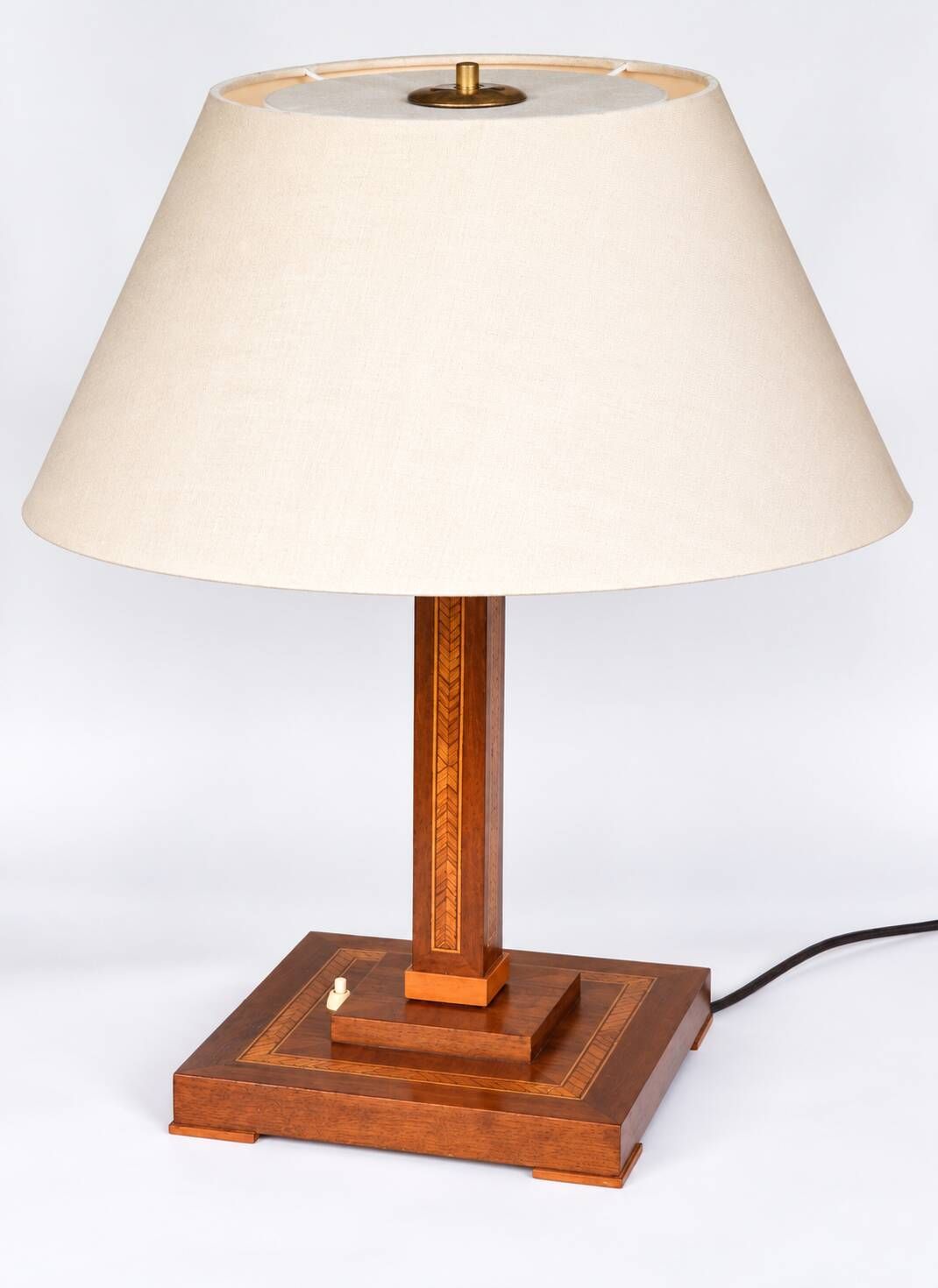 Vintage Wooden Table Lamp with Geometric Marquetry Inlay – Fabric Lampshade