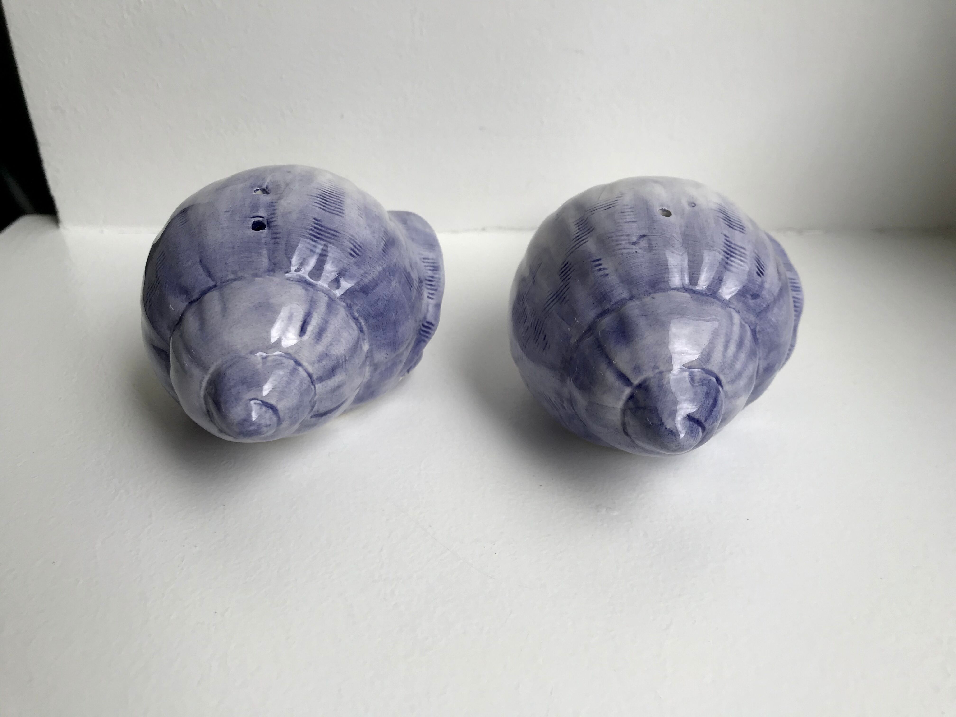 Duo of salt and pepper shaker in slurry shell pattern 70s