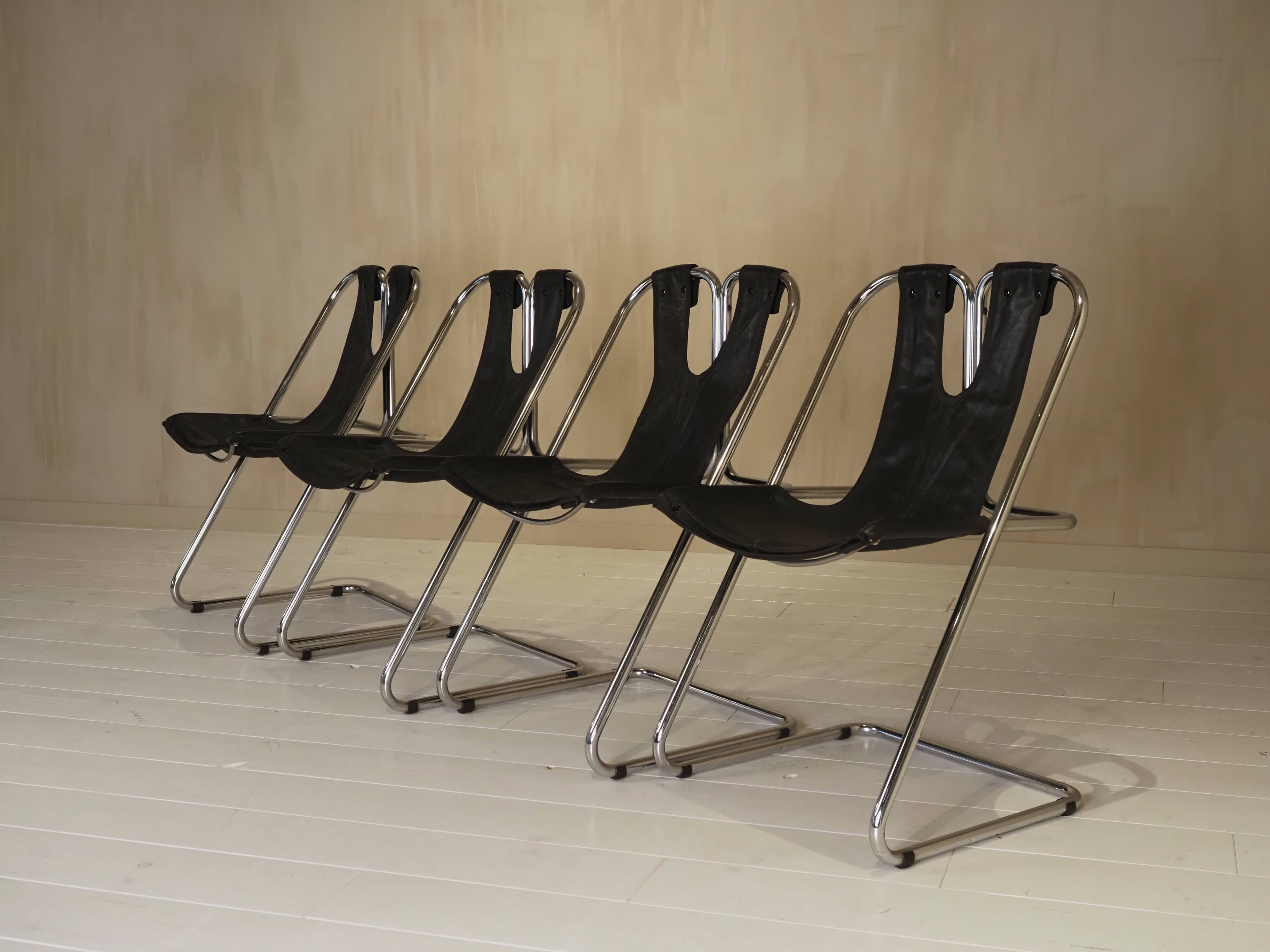 Set of 4 leather and chrome chairs from the 1960s