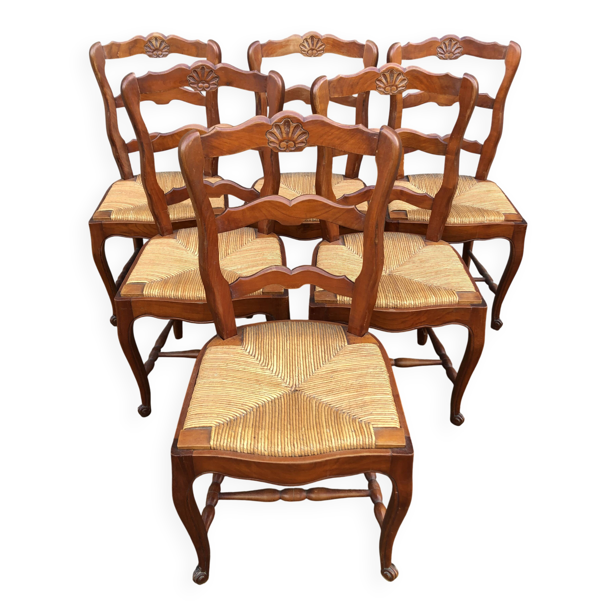 6 rush-seated chairs in solid cherry wood in Louis XV style