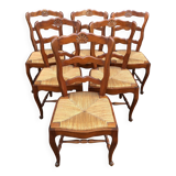 6 rush-seated chairs in solid cherry wood in Louis XV style