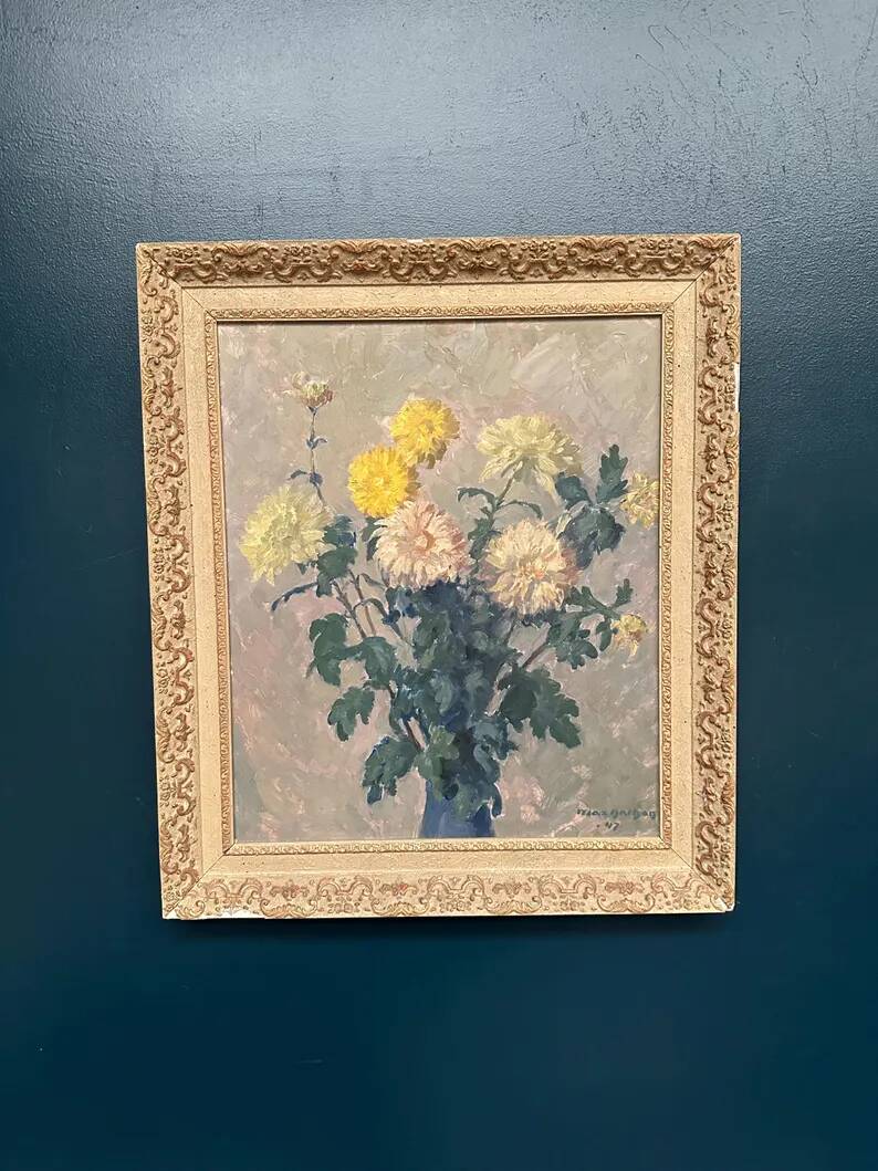 Original Swedish Oil on Panel – “Chrysanthemums” by Max Hellberg – Signed – Vintage & Framed – 68 × 58 cm (26.8" × 22.8")