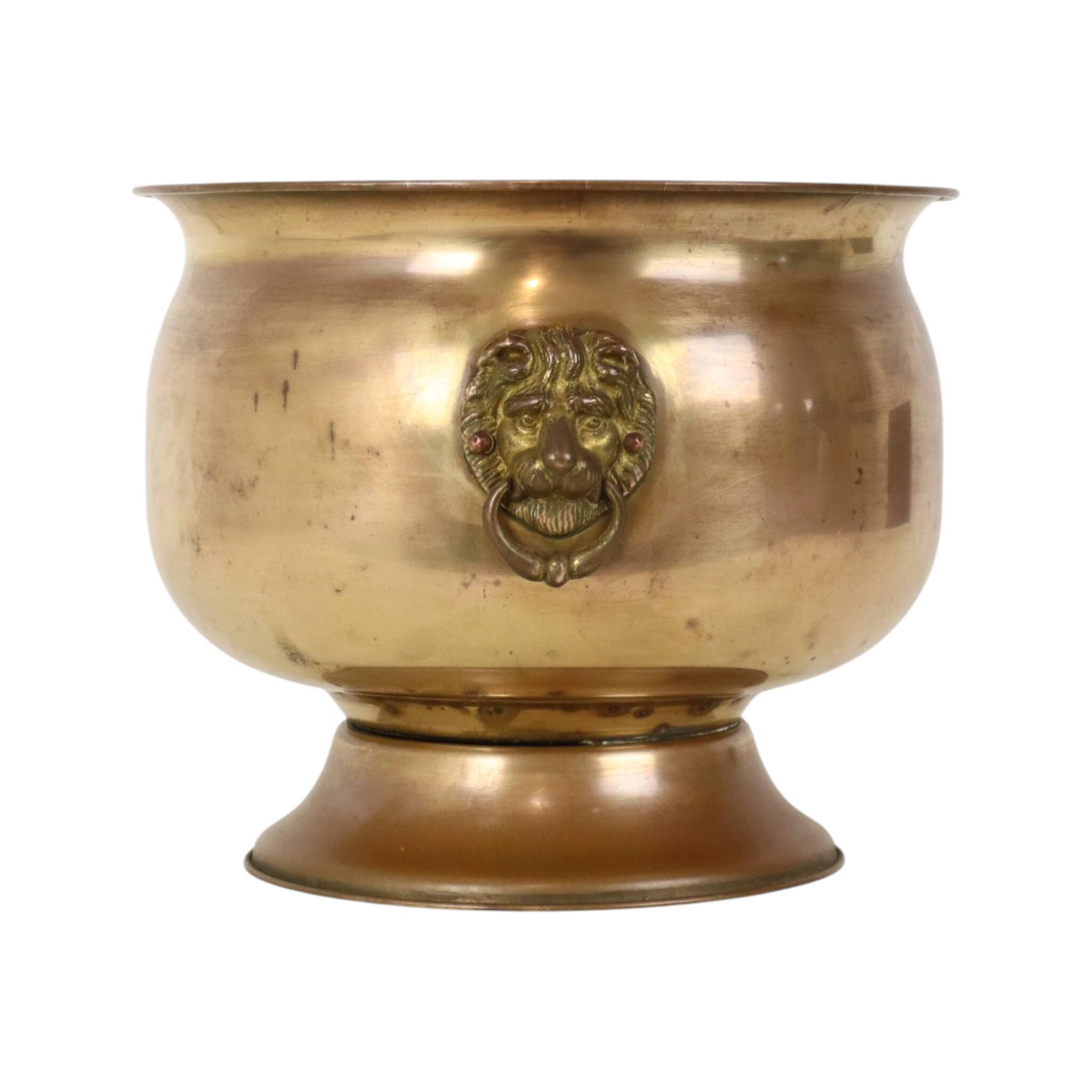 Antique Brass Jardinière Plant Pot with Lion Heads, Early 20th Century