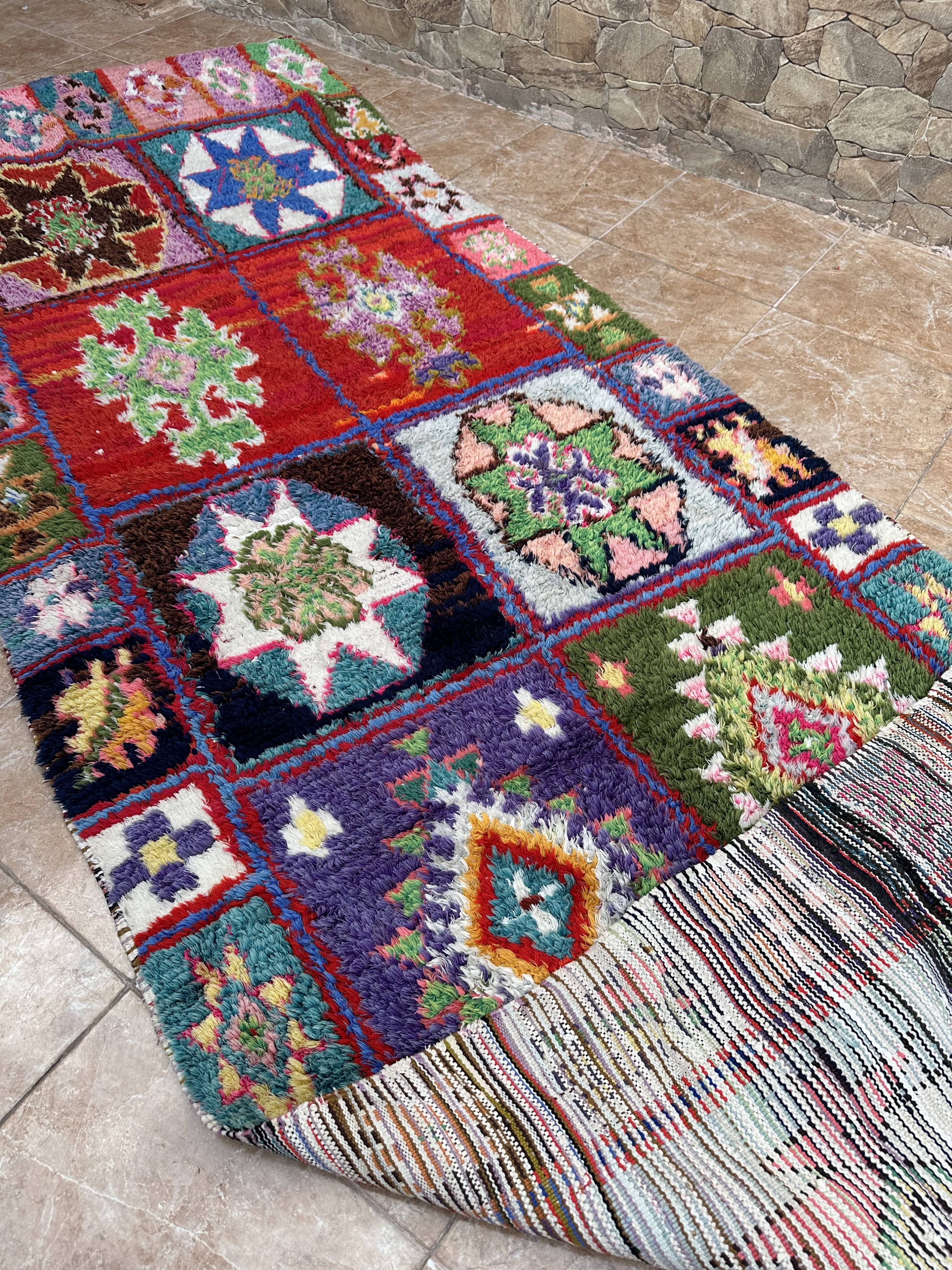 Vintage Boucherouite hallway rug: handwoven Berber rug.