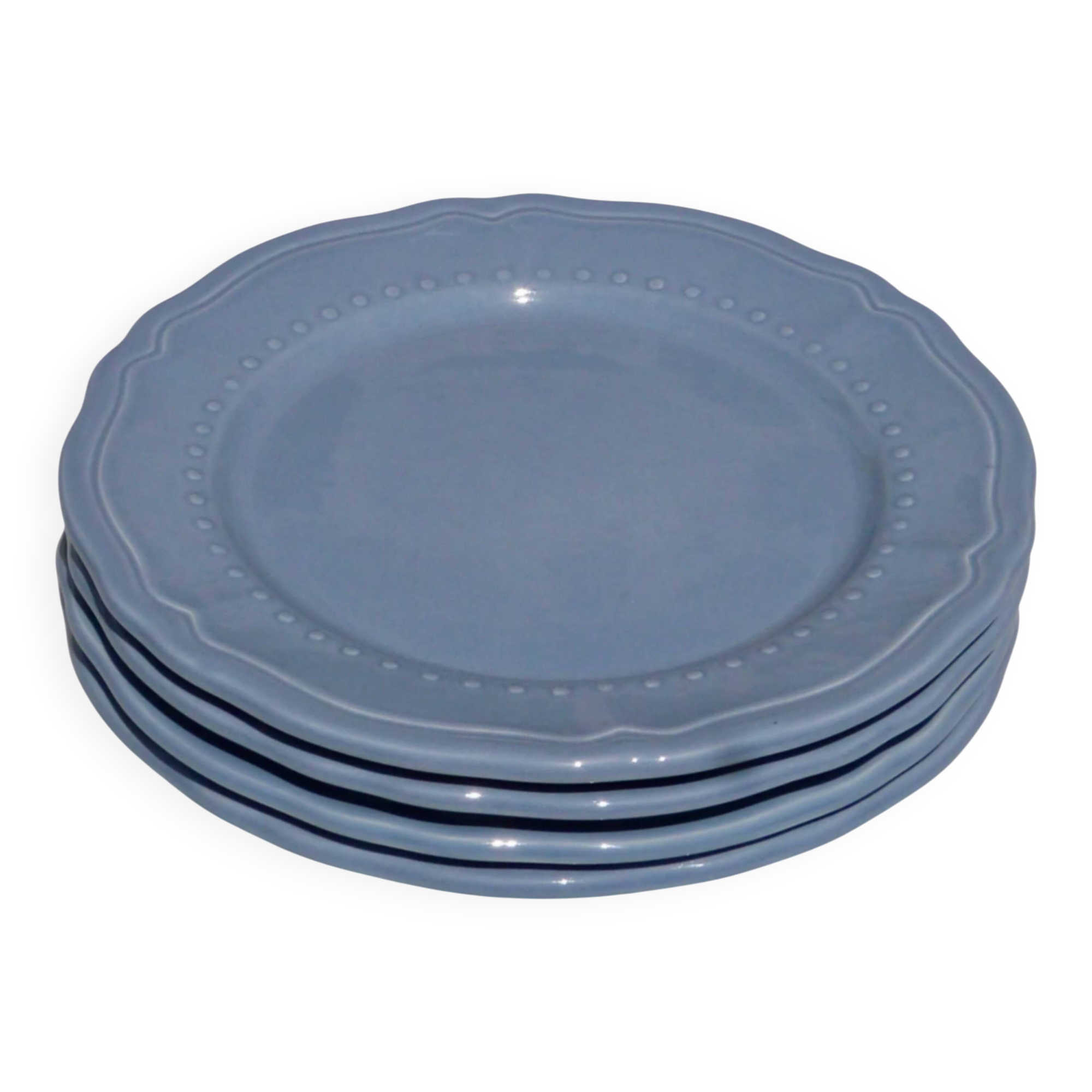 Set of 4 blue ceramic dessert plates.