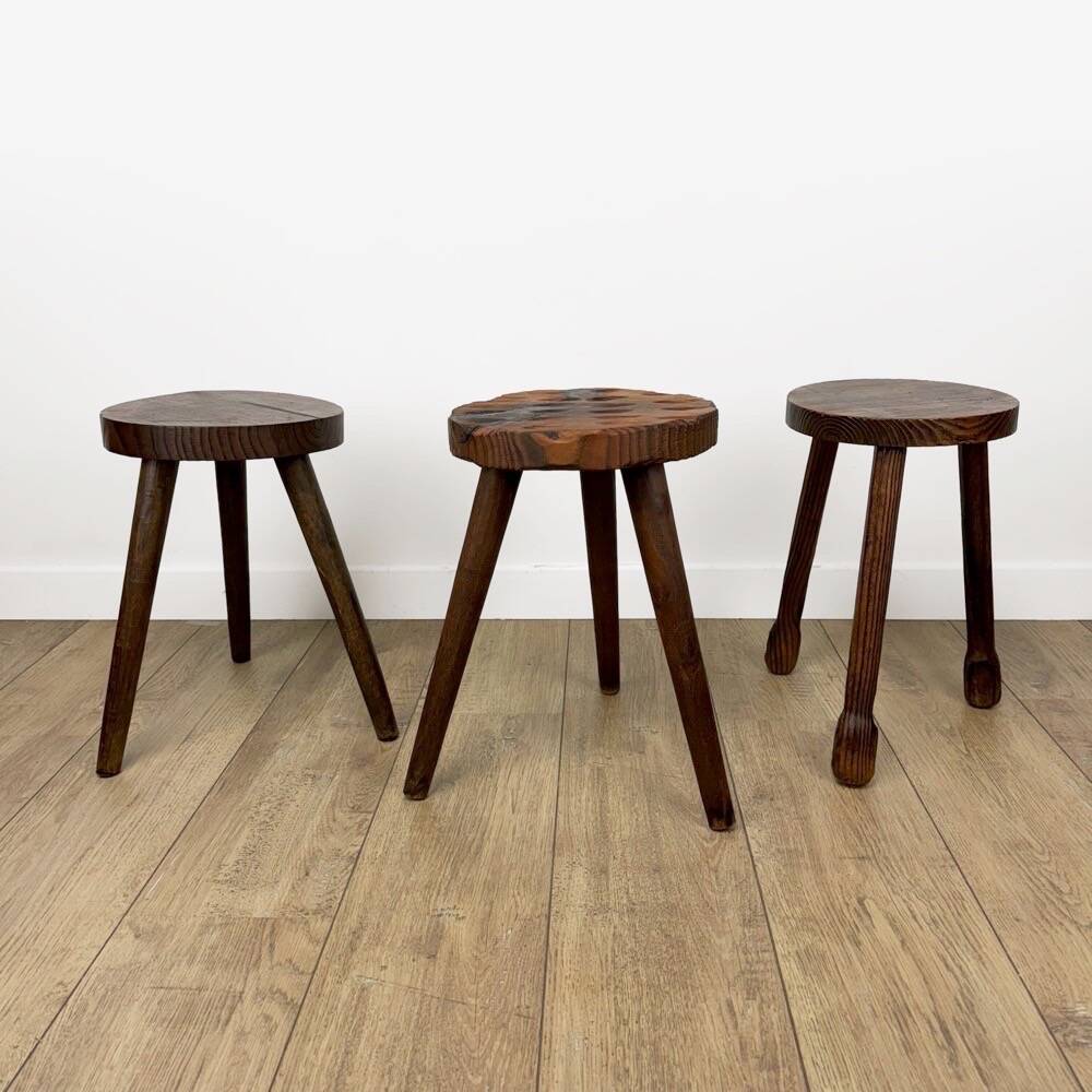 Trio of solid wood brutalist stools