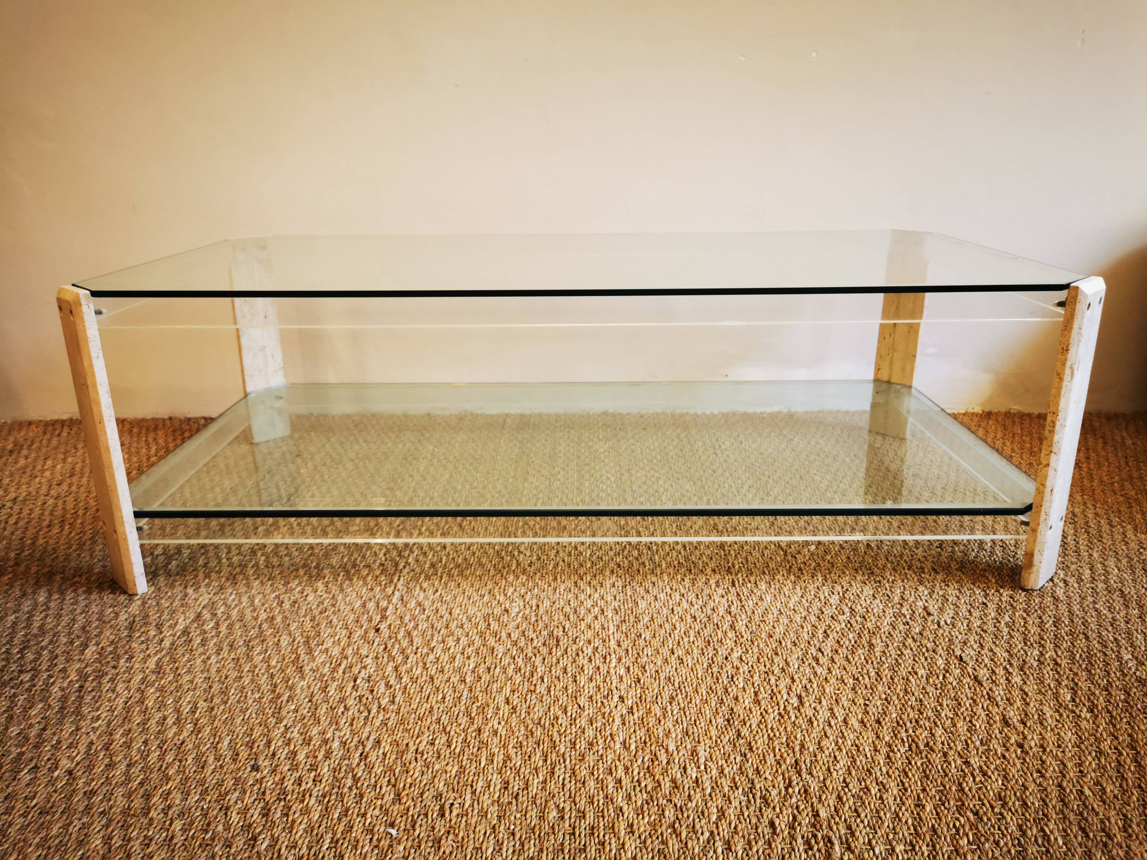 Italian travertine, perspex and glass coffee table, circa 1970