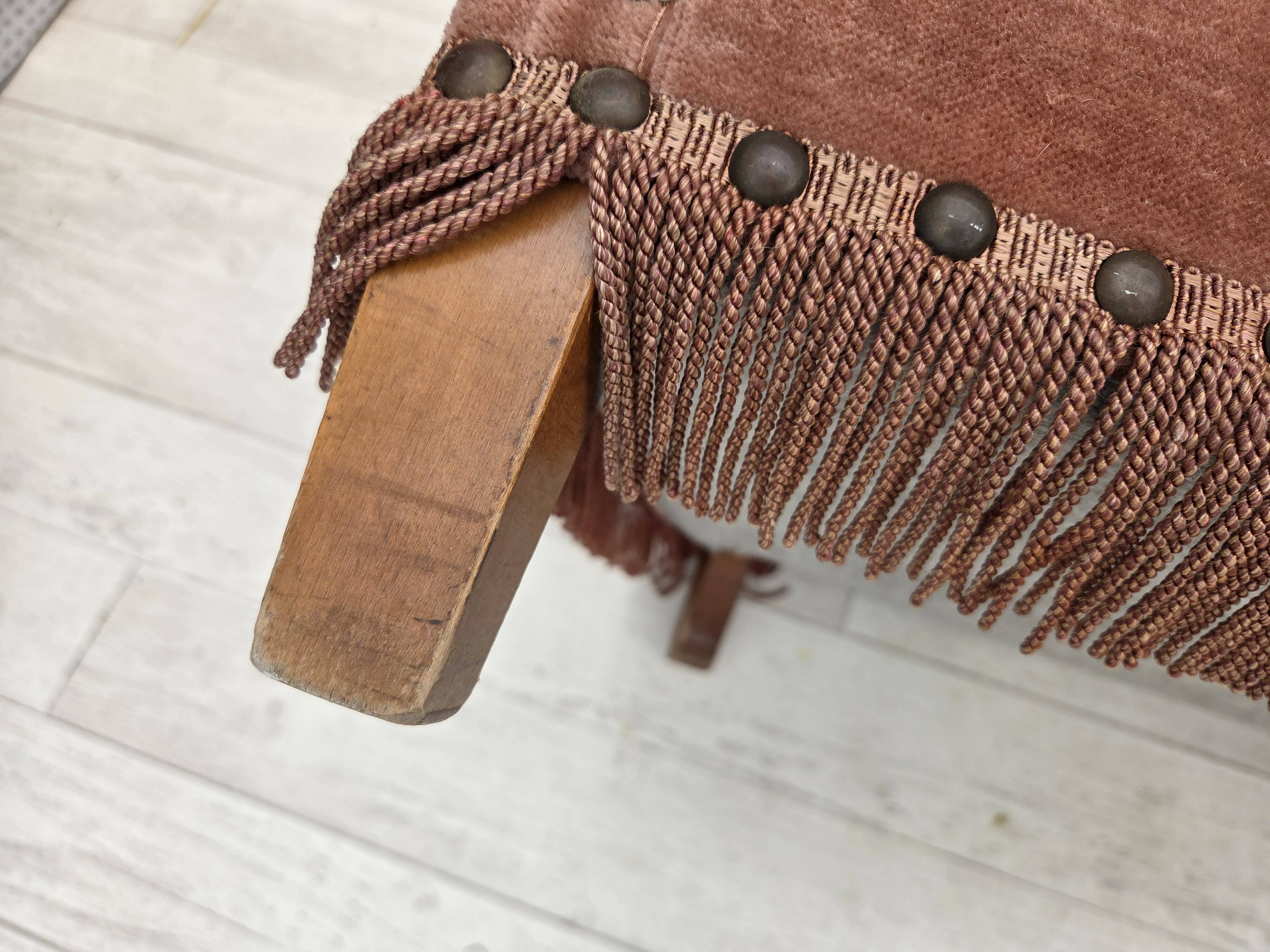 1970s, Danish 2-seater sofa, salmon pink furniture velour, beech wood.