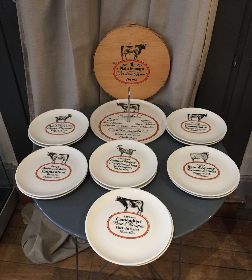 CHEESE SERVICE 12 PLATES AND PORCELAIN TRAY AUTEUIL CREATION JACQUES LOBJOY
