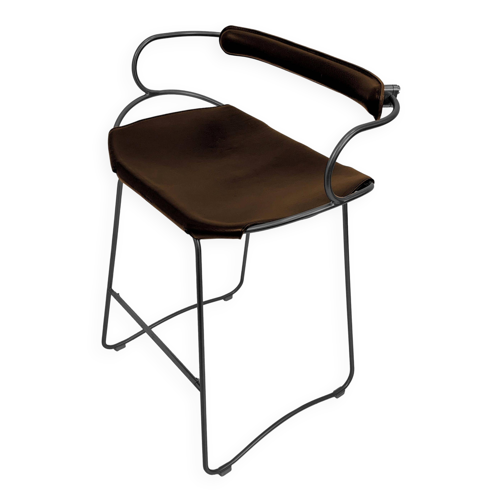 Kitchen bar stool with a smoked black metal back and dark brown leather.