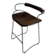 Kitchen bar stool with a smoked black metal back and dark brown leather.