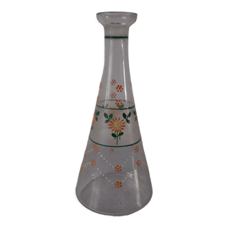 Old glass decanter floral decoration small flower enamelled 1950s deco vintage table