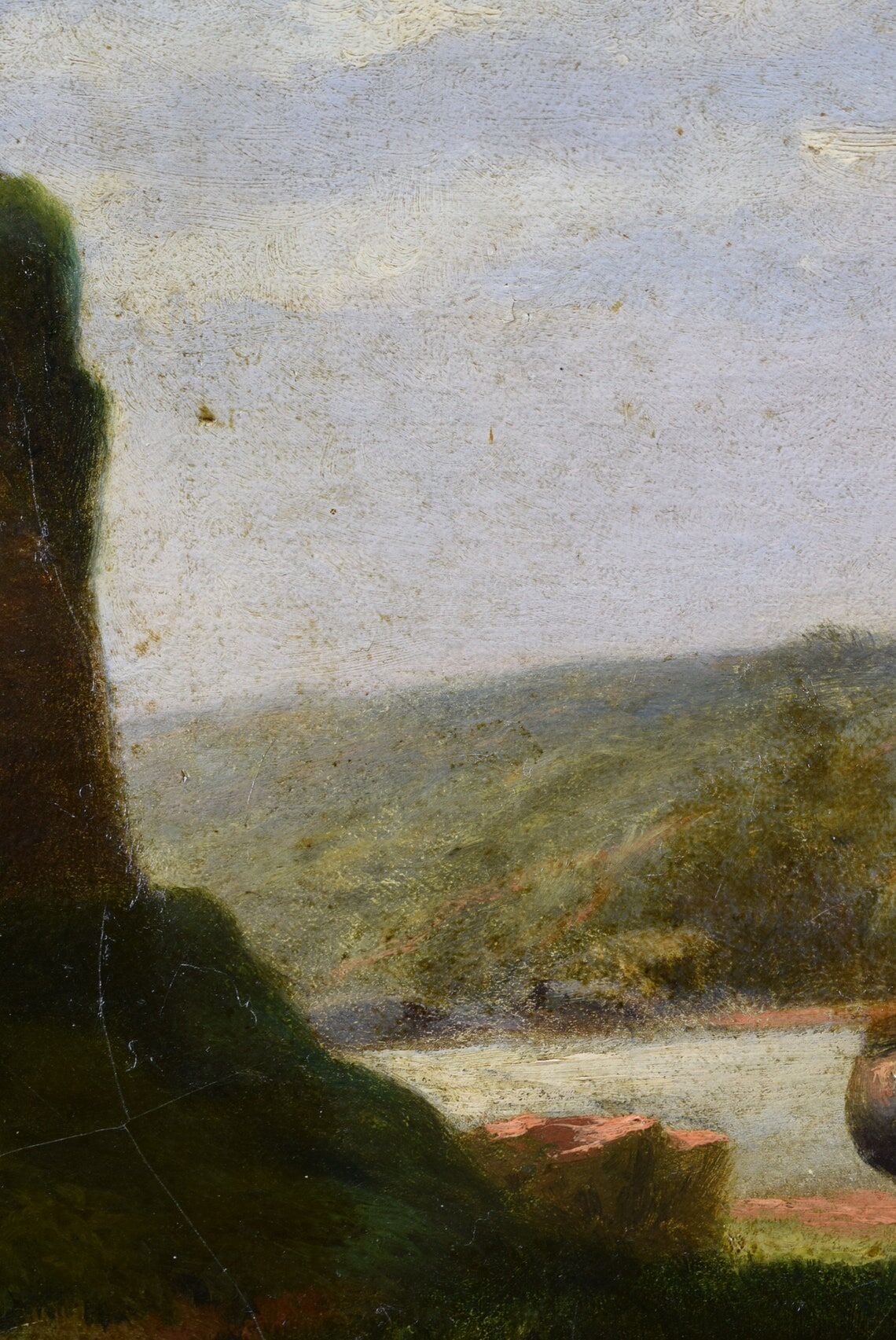 Old painting french pastoral school boat