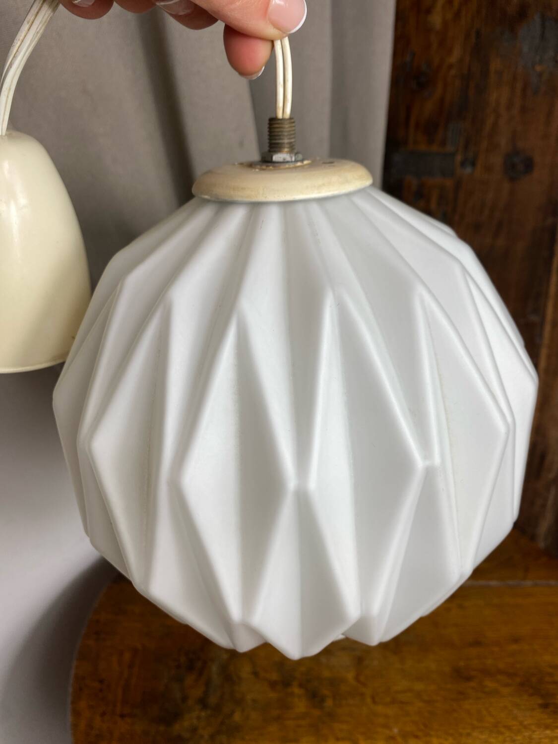Designer pendant light with geometric opaline glass globe, mid-20th century