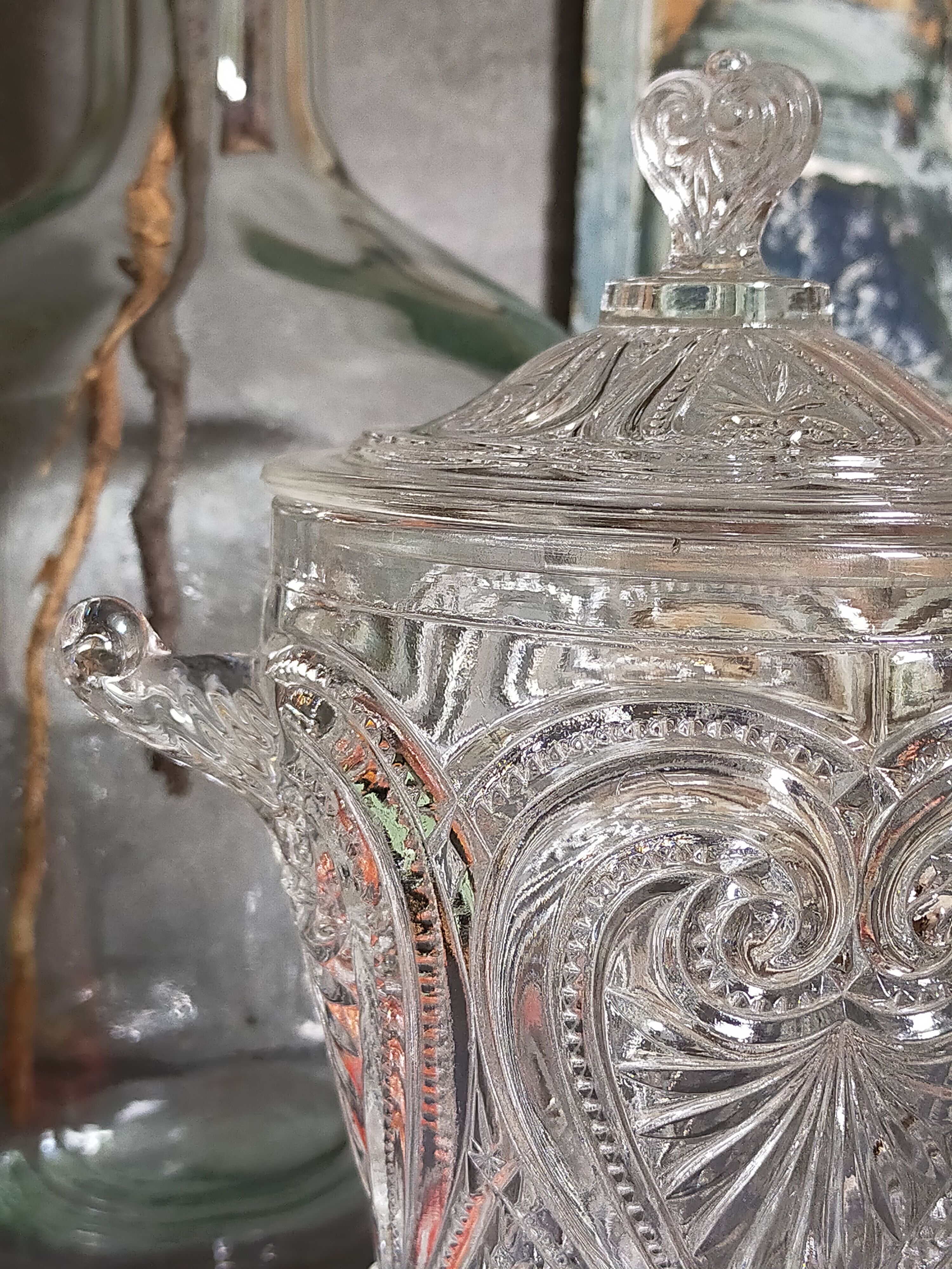 Antique glass compotier on metal stand