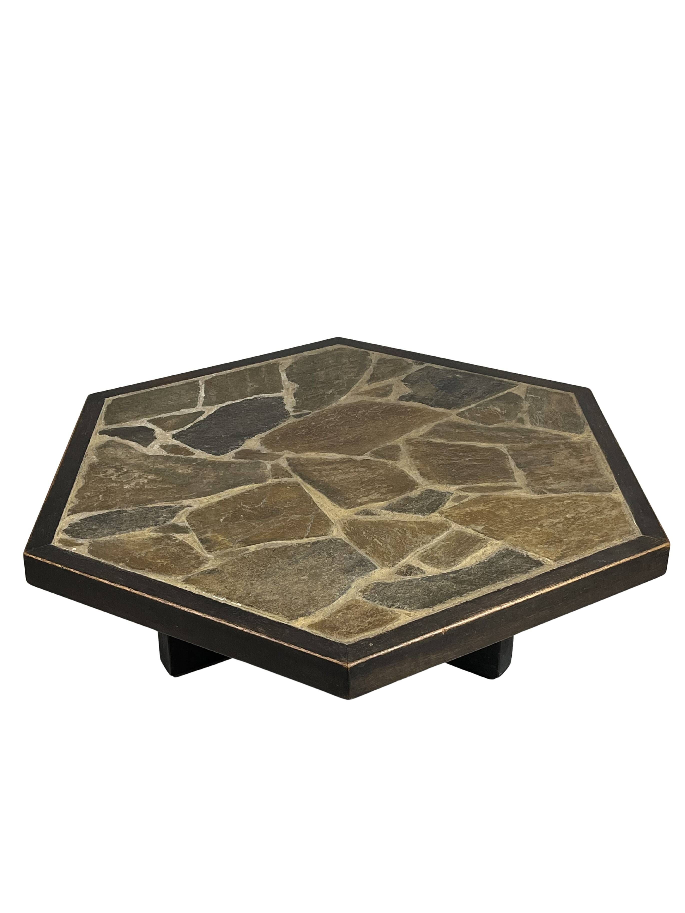 Large Brutalist Coffee Table in Oak and Stone Mosaic, 1960s
