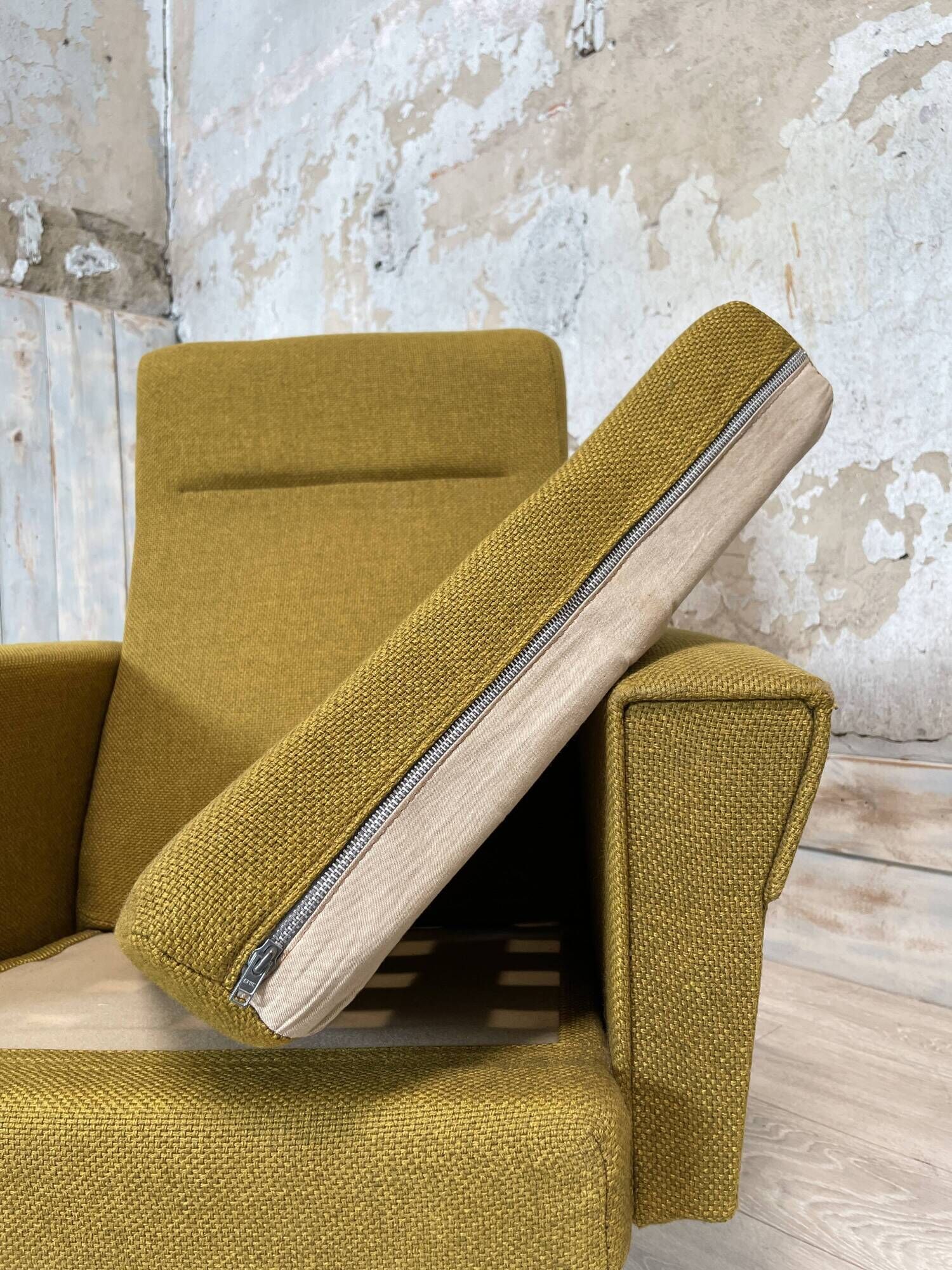 Vintage armchair in fabric and metal compass legs, circa 1950.