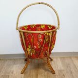 Knitting worker basket basket with rattan and fabric 70s