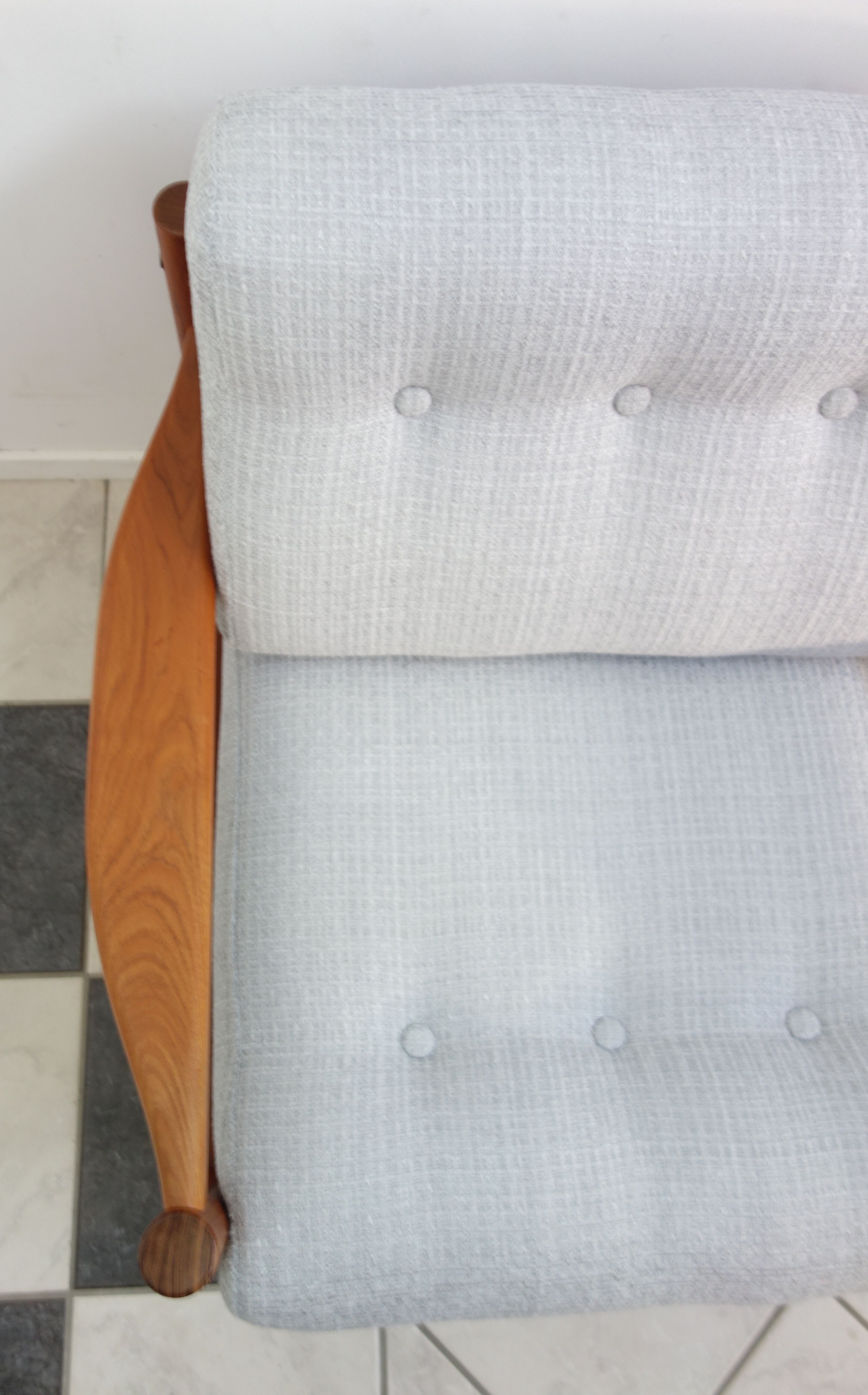 Teak danish chair with light grey upholstery