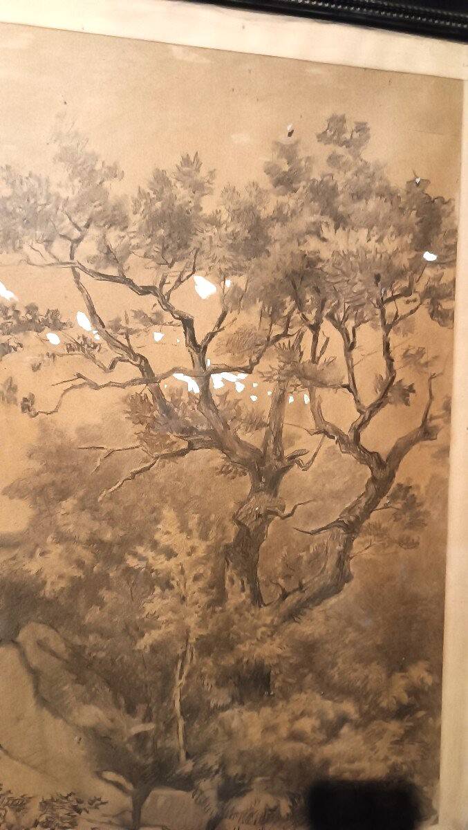 Grande peinture de paysage, techniques mixtes, 19e siècle