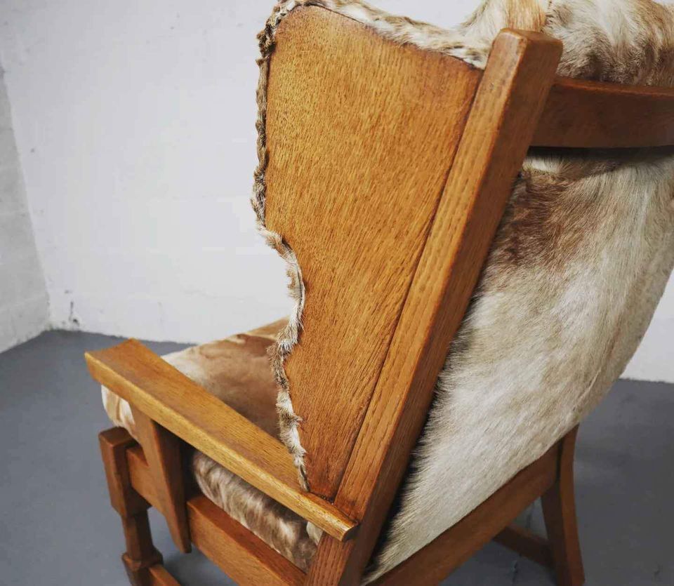 Brutalist oak lounge chair and ottoman