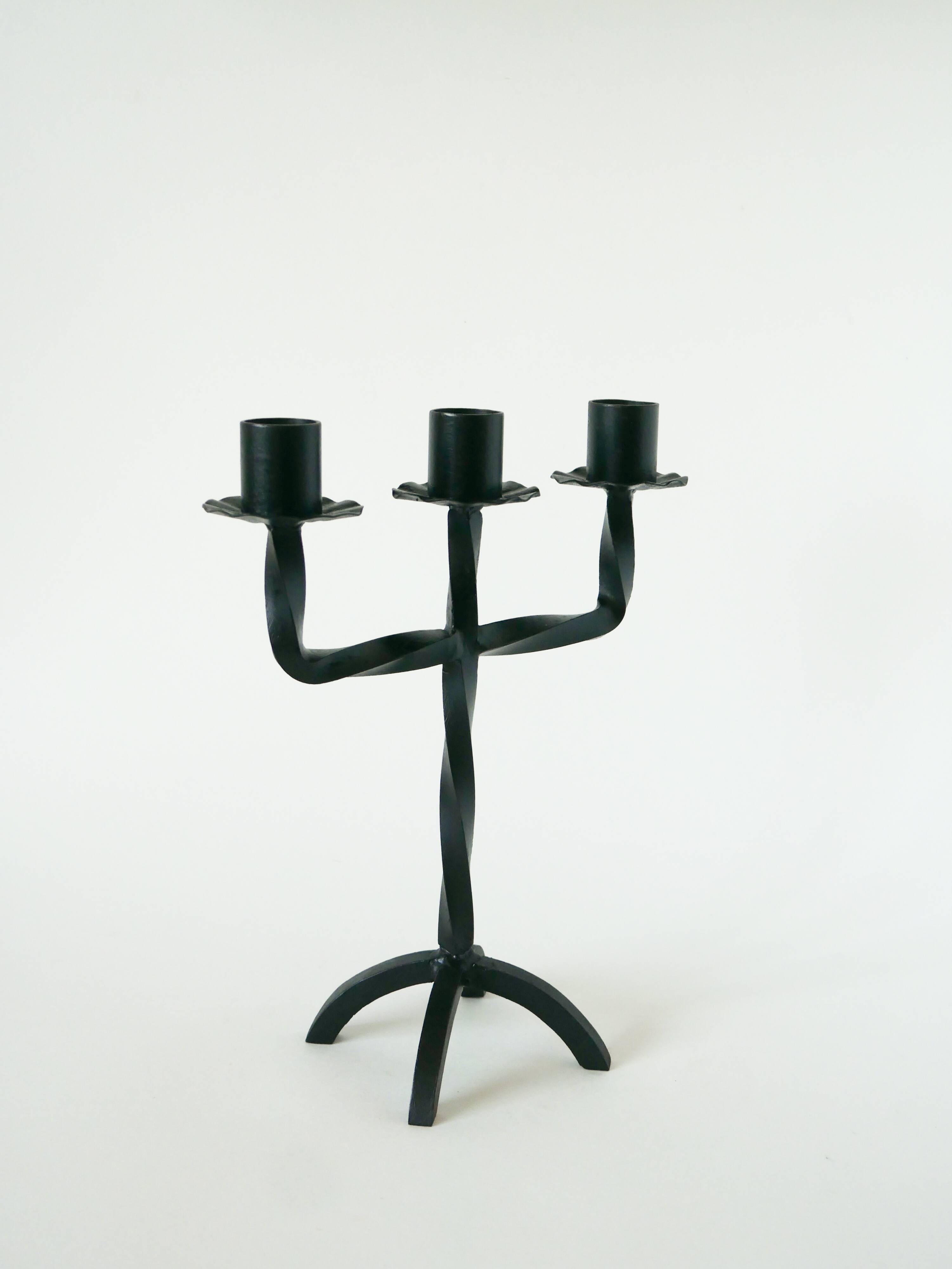 three-light wrought iron candlestick, Brutalist, 1970
