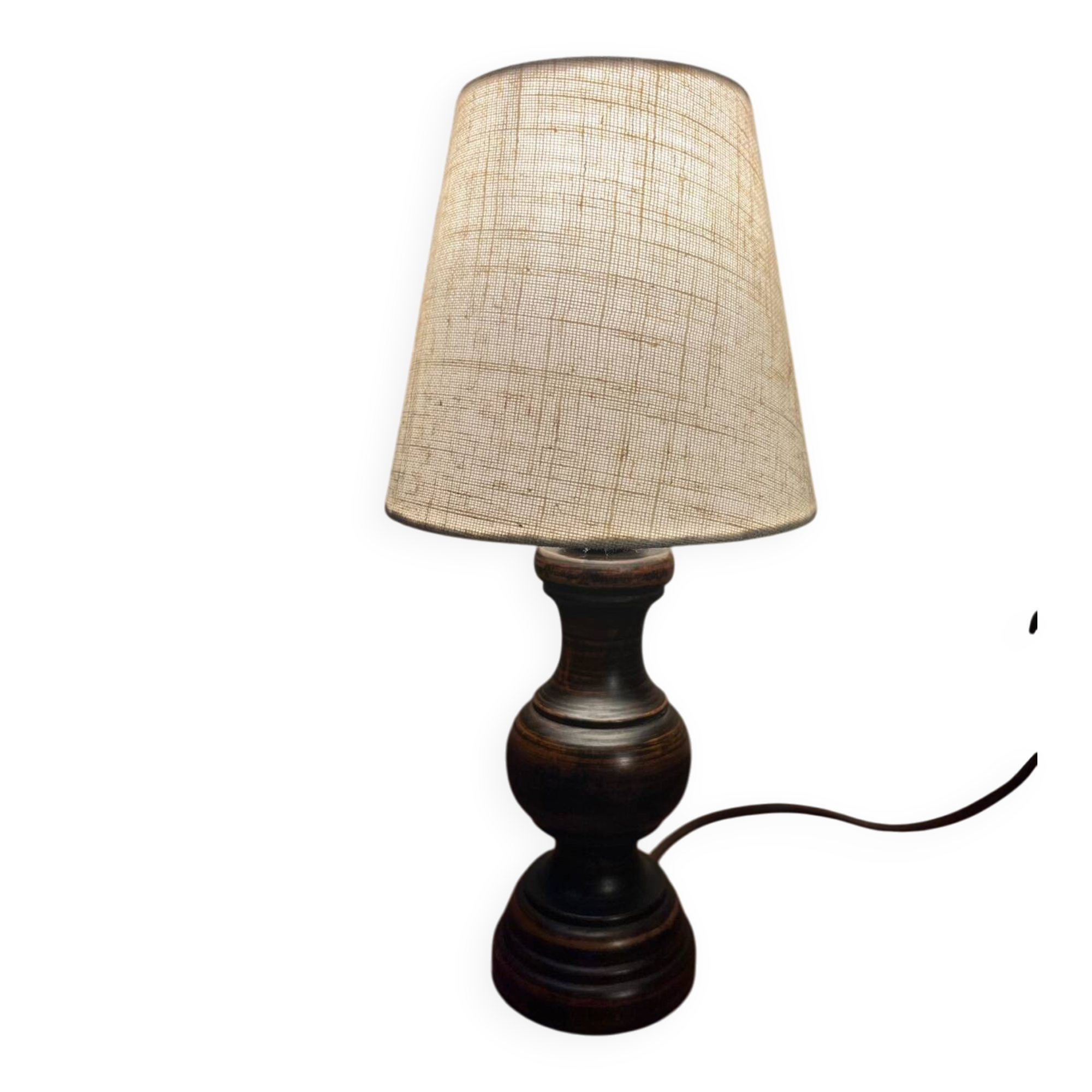 Élégante petite lampe en bois massif sculptée – abat-jour en tissu lin